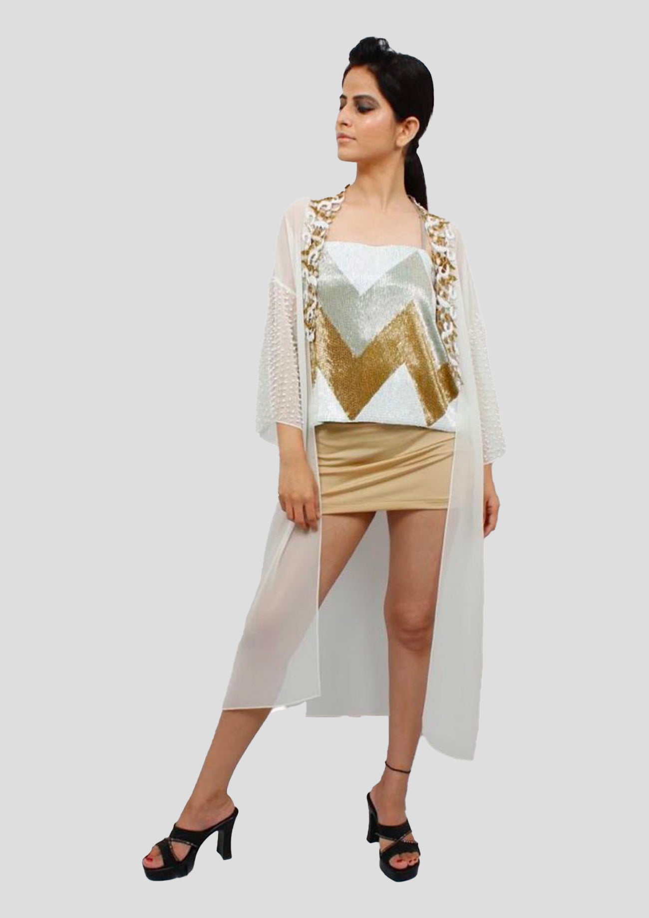 Off White Silver And Gold Beaded Inner With Off White Embroidered Open Jacket