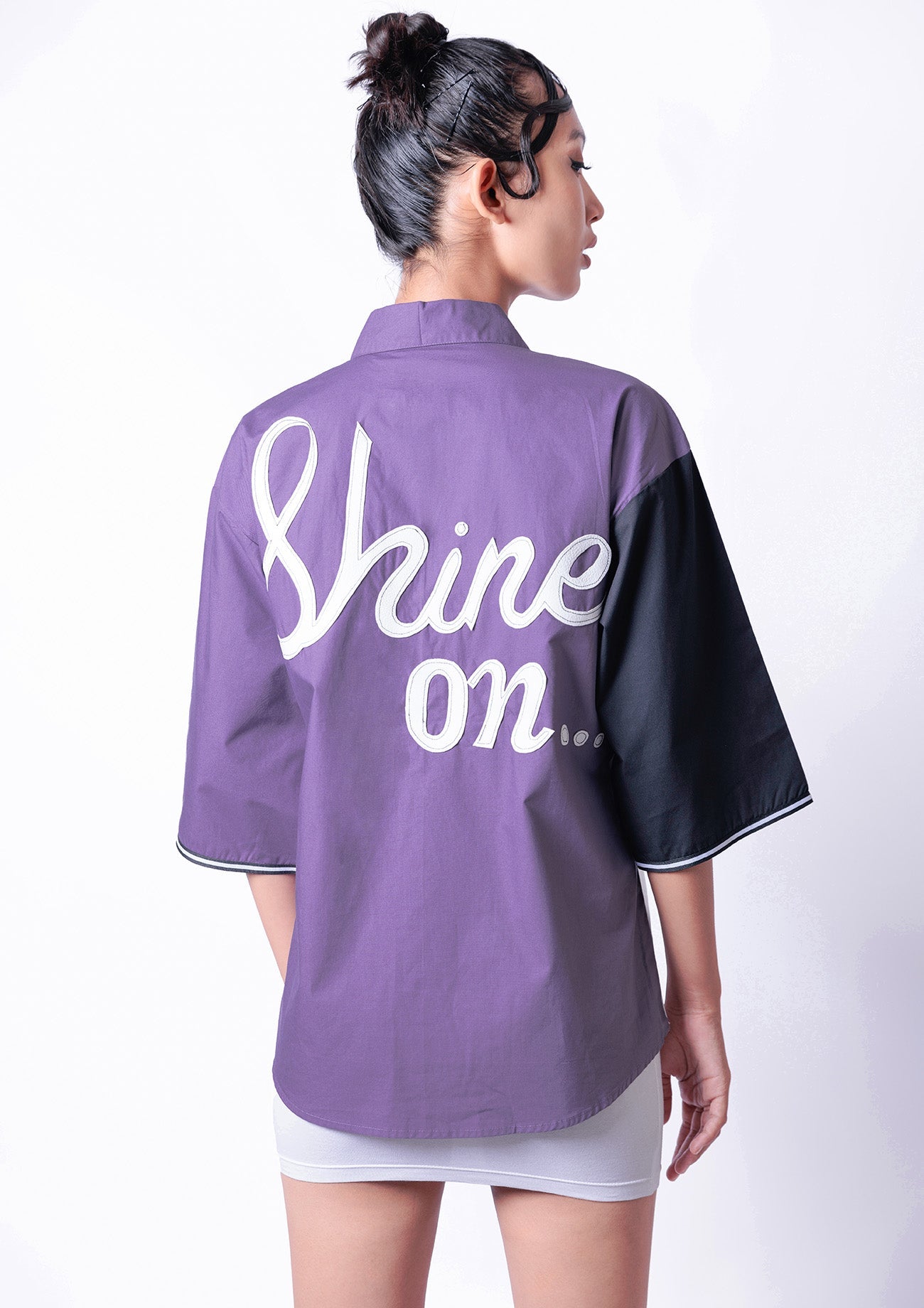 Black/White/Lilac Cotton Shirt With Embroidered Pocket And Slogan Applique On Lilac Back