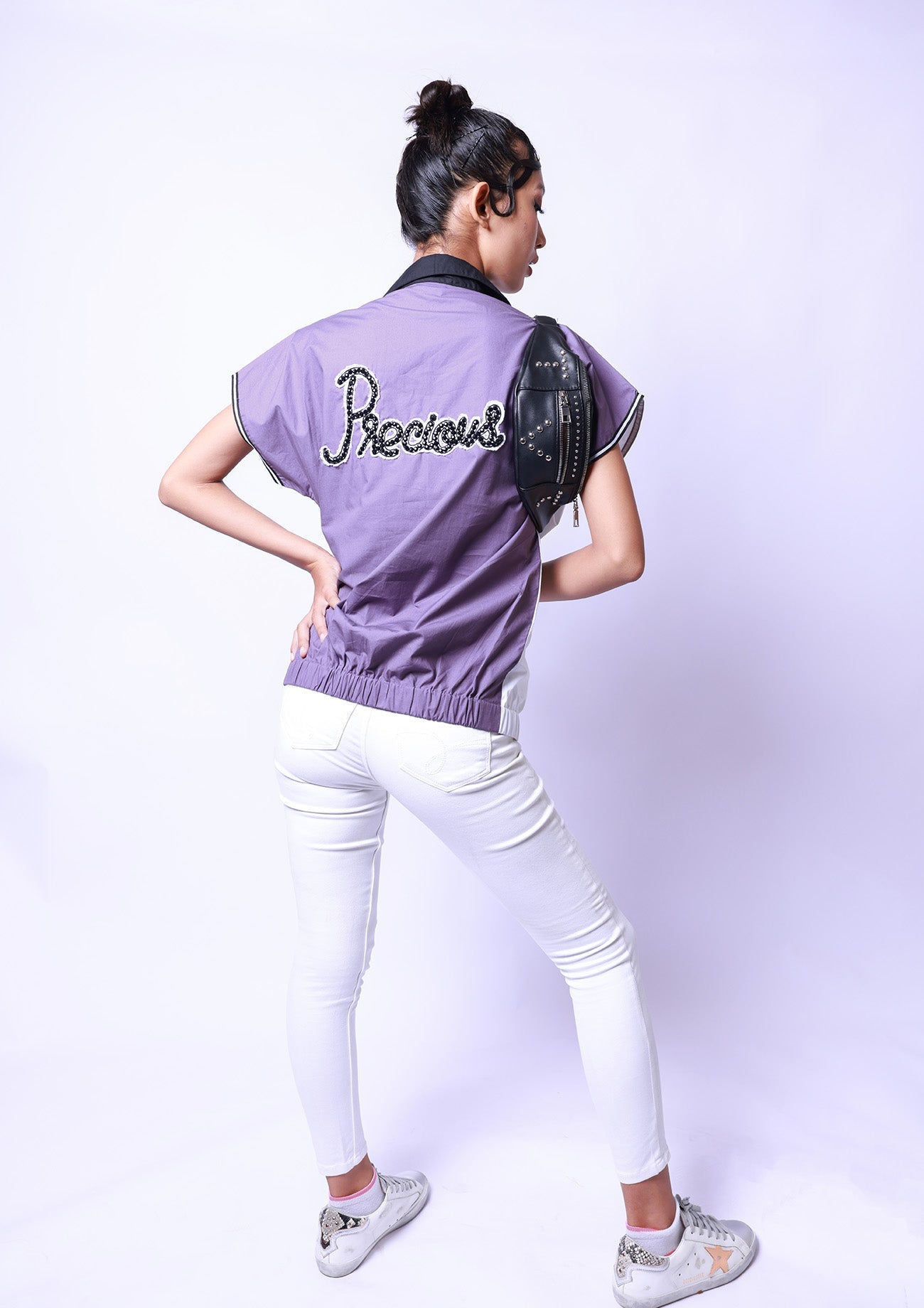 Lilac / White Cotton Half Zipper Bomber Top With Embroidered Pocket With Slogan Embroidererd On Lilac Back