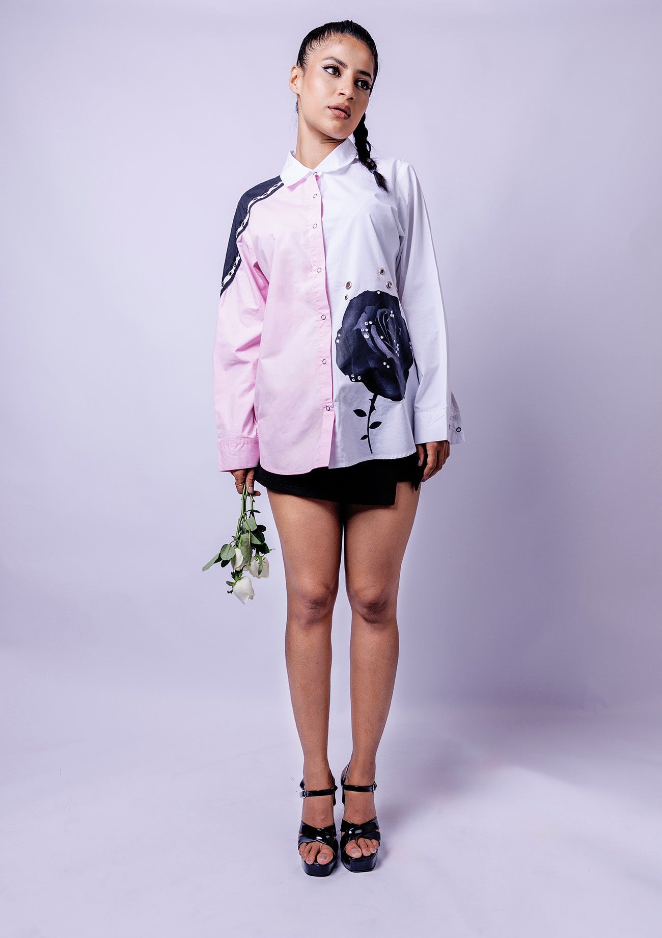 Pink/Black/White Cotton Shirt With Curated Black& White Rose Print Highlighted Stone Work And Eyelets, Back Half Pink/White