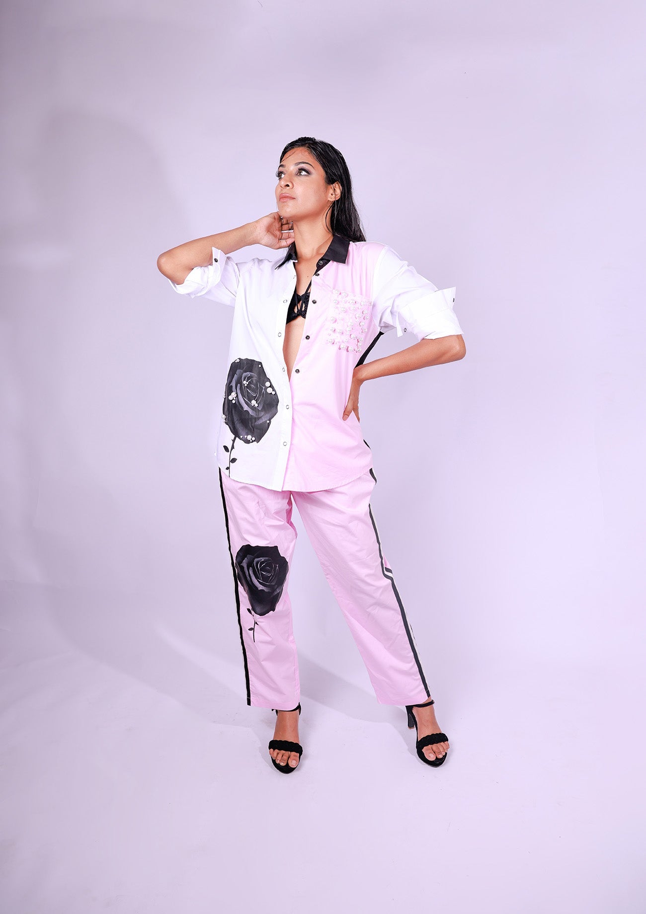 Pink/White Cotton Shirt With Curated Black & White Rose Embellished Print And Pearl Embeleshied Pocket And Black & White Back With Print With Straight Pink Cotton Pants With Curated Black & White Rose Print