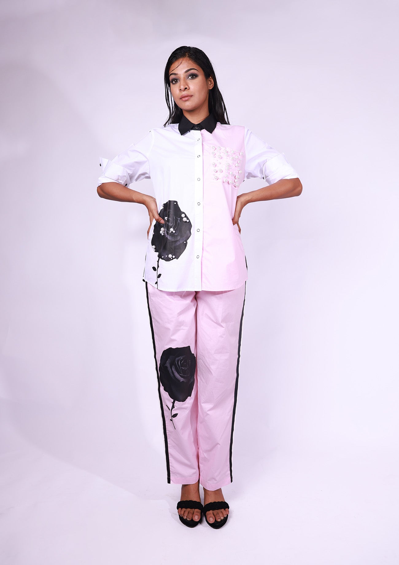 Pink/White Cotton Shirt With Curated Black & White Rose Embellished Print And Pearl Embellished Pocket And Black & White Back With Print