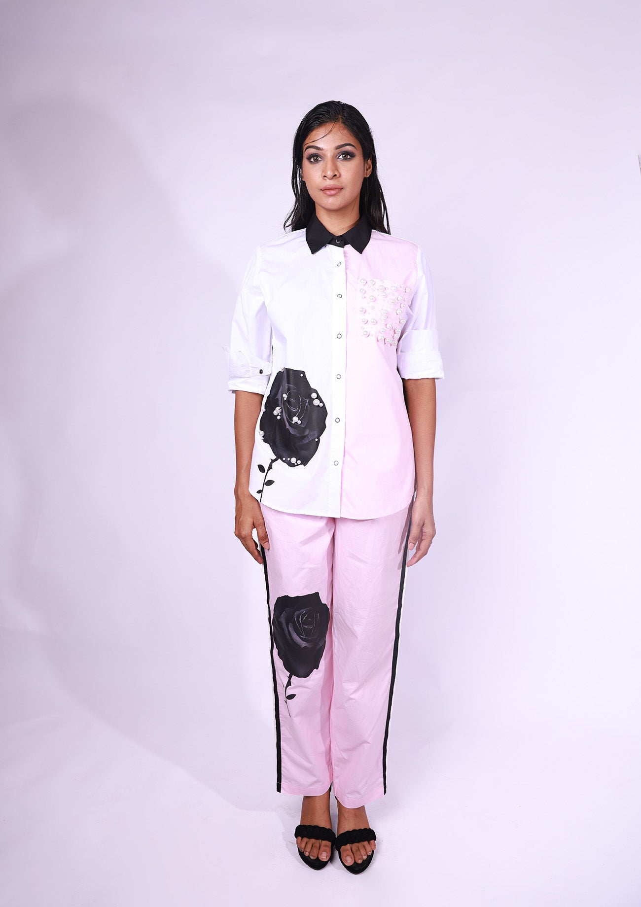 Pink/White Cotton Shirt With Curated Black & White Rose Embellished Print And Pearl Embellished Pocket And Black & White Back With Print