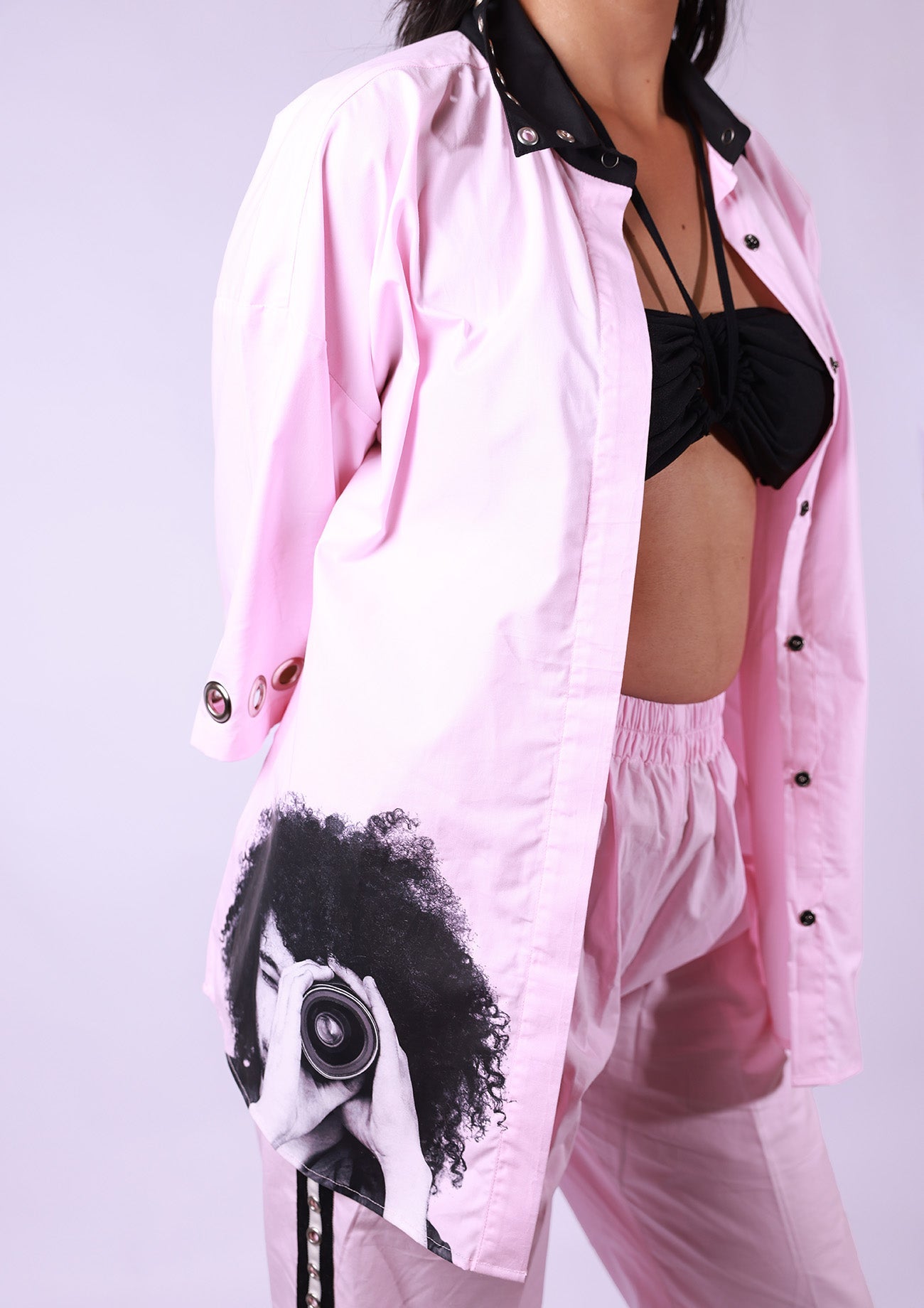 Pink/White Oversized Cotton Shirt With Single White Sleeves, Print, Eyelet Detailing With Pink Back And Pink Cotton Straight Pants With Eyelet Tape Detailing