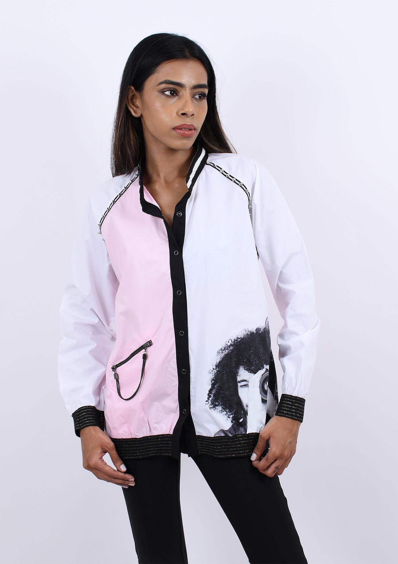 Pink / White cotton Bomber With Elasticated Hemline And Curated Black & White Print With Full Zipper And Pink Back