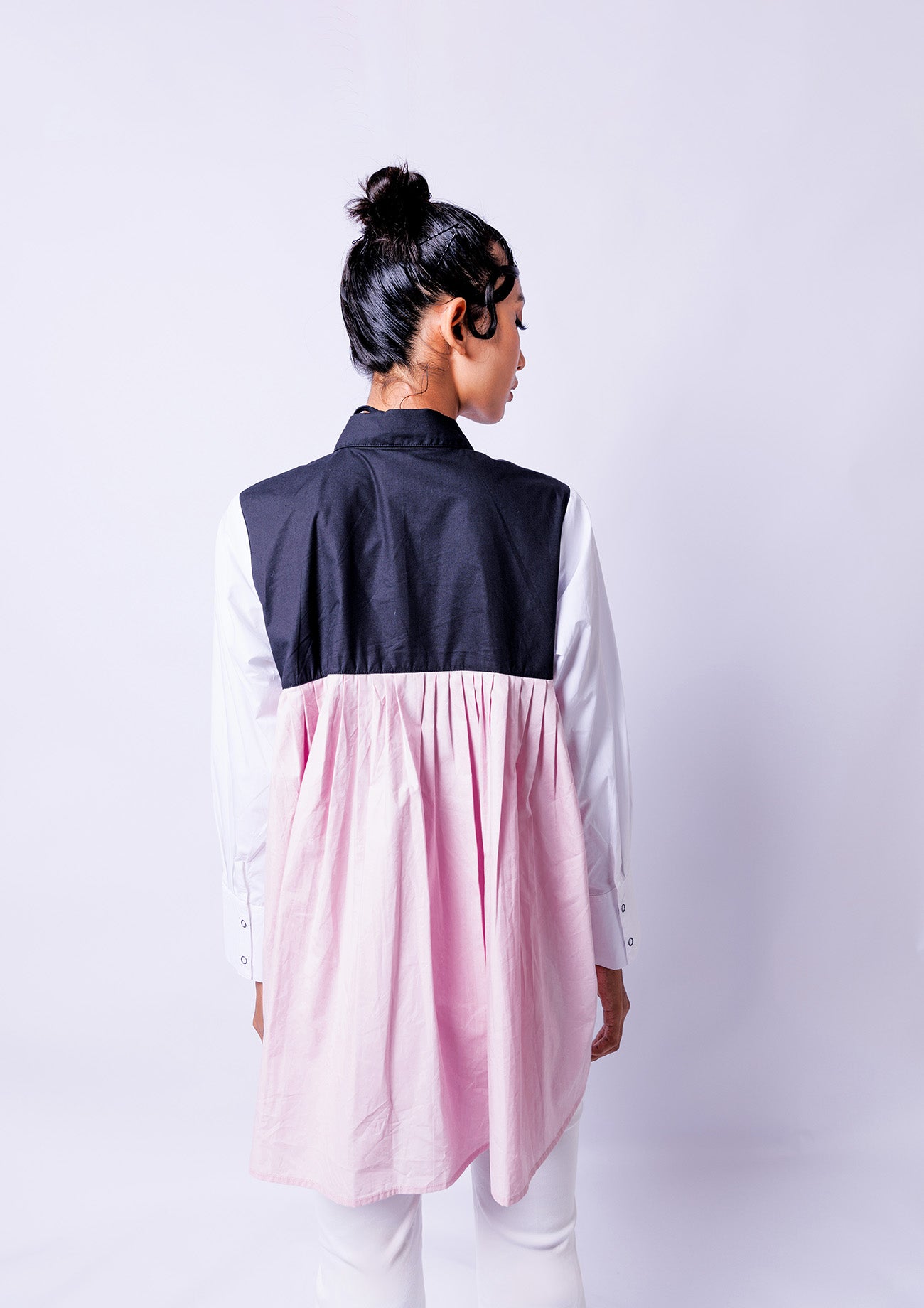 Pink/White Cotton Shirt With Pleated Pink And Black, Black And Curated Black & White Print