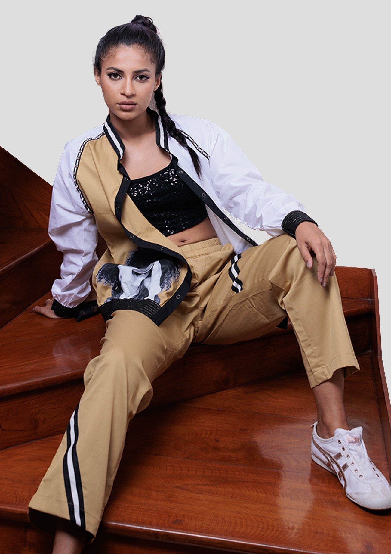 Beige/White Cotton Bomber Jacket With Print, Spike Detailing & Beige Cotton Straight Pants