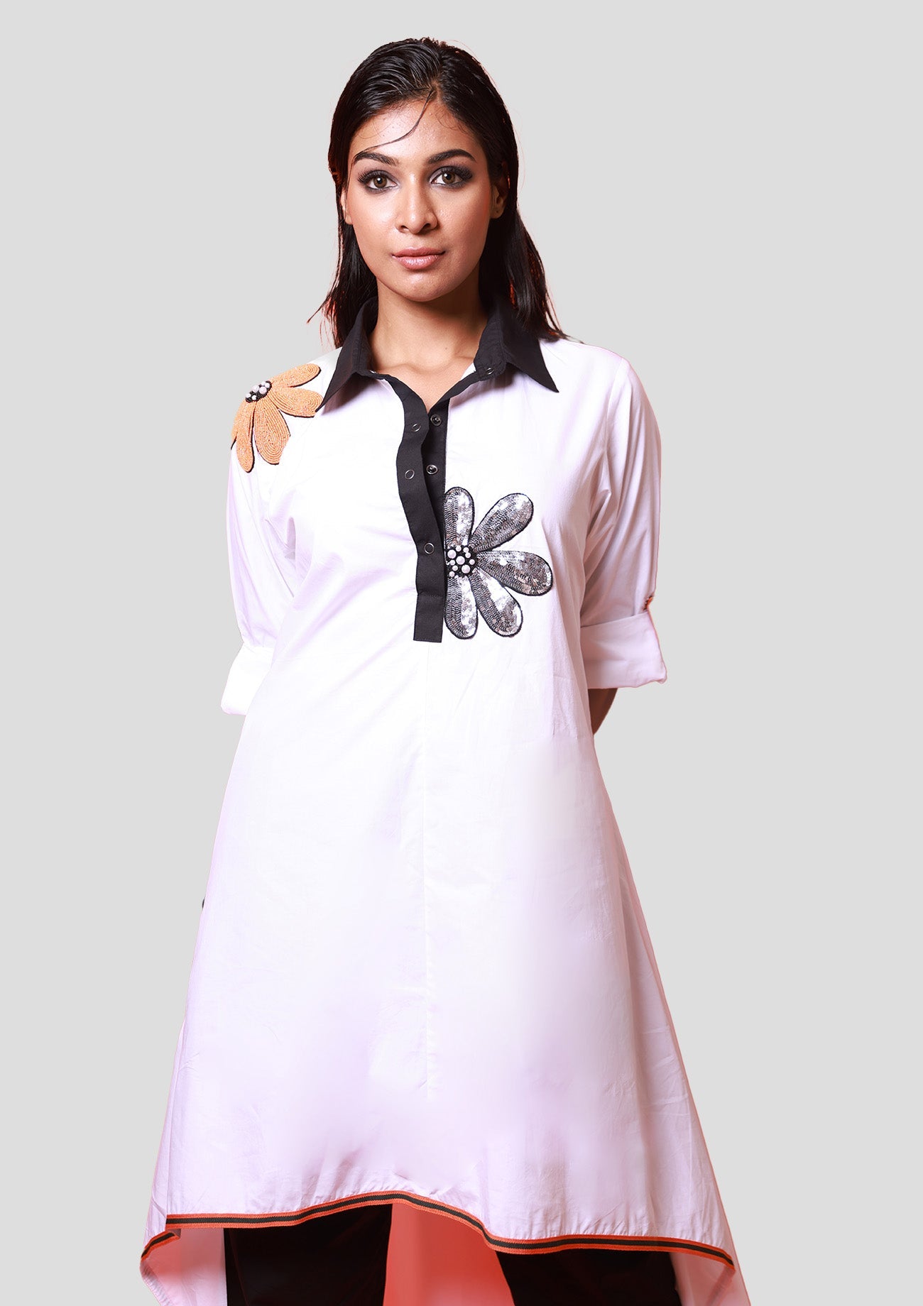 White High Low Cotton Tunic With Black Collar And Placket With Sequined Embroidered Flowers And Black Pants