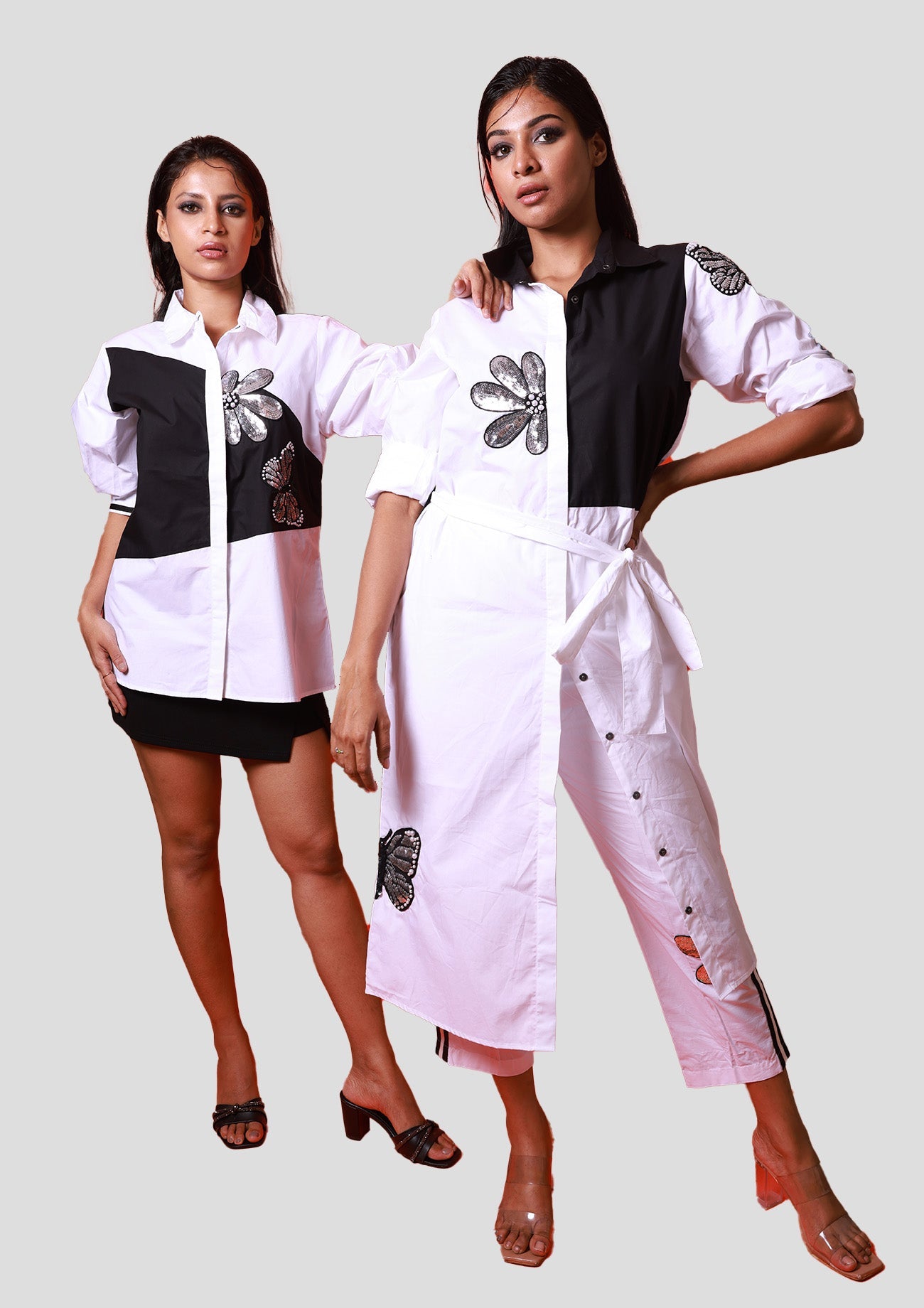 White Cotton Shirt With Black Back, Black Triangular Block With Silver Flower & Butterfly Embroidery