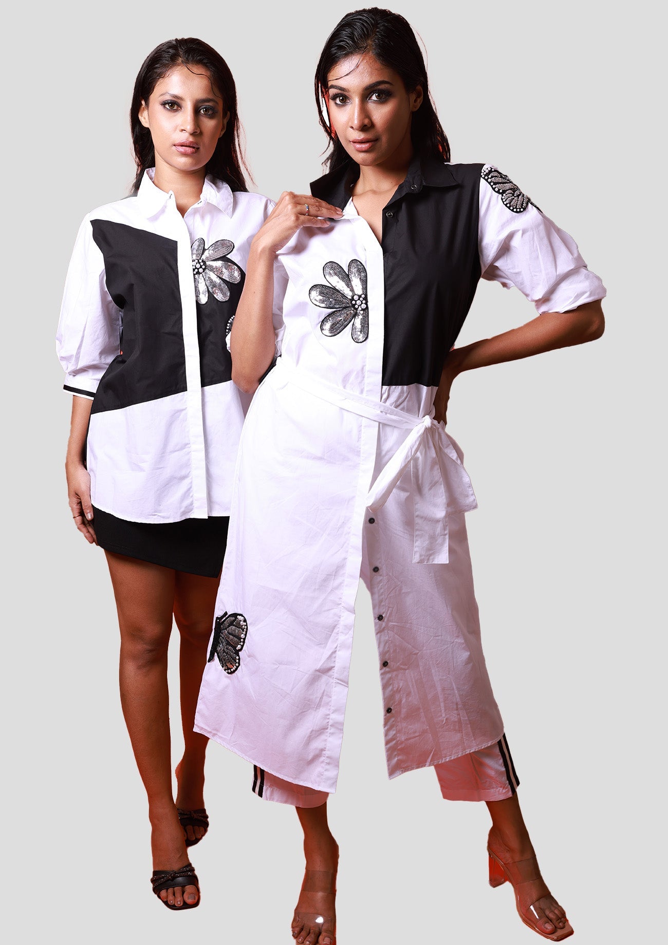 White Cotton Shirt With Black Back, Black Triangular Block With Silver Flower & Butterfly Embroidery