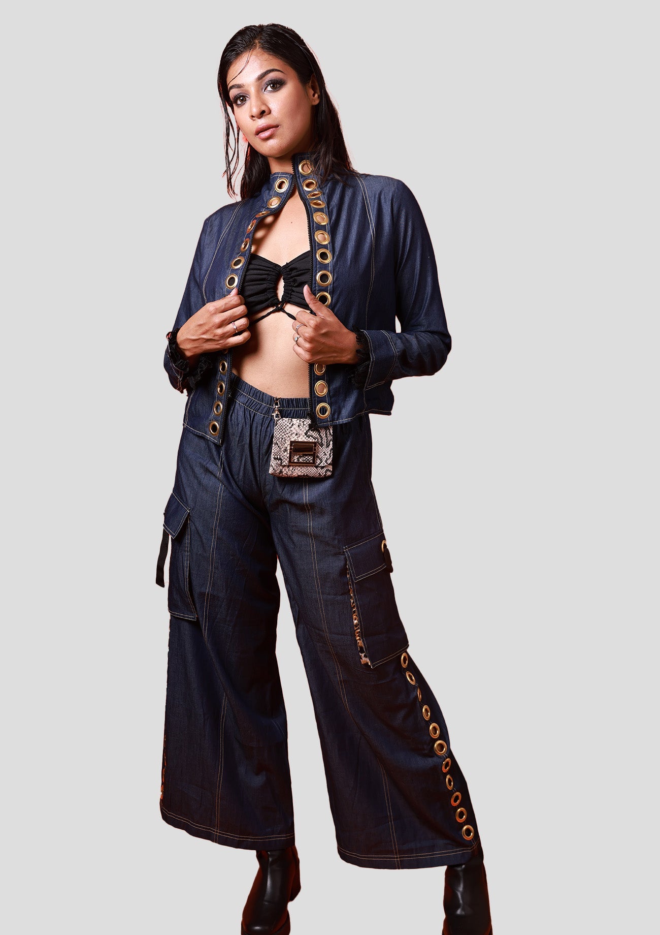 Denim Jacket With Eyelet Detailing And Wide Leg Cargo Pants With Eyelet Detailing