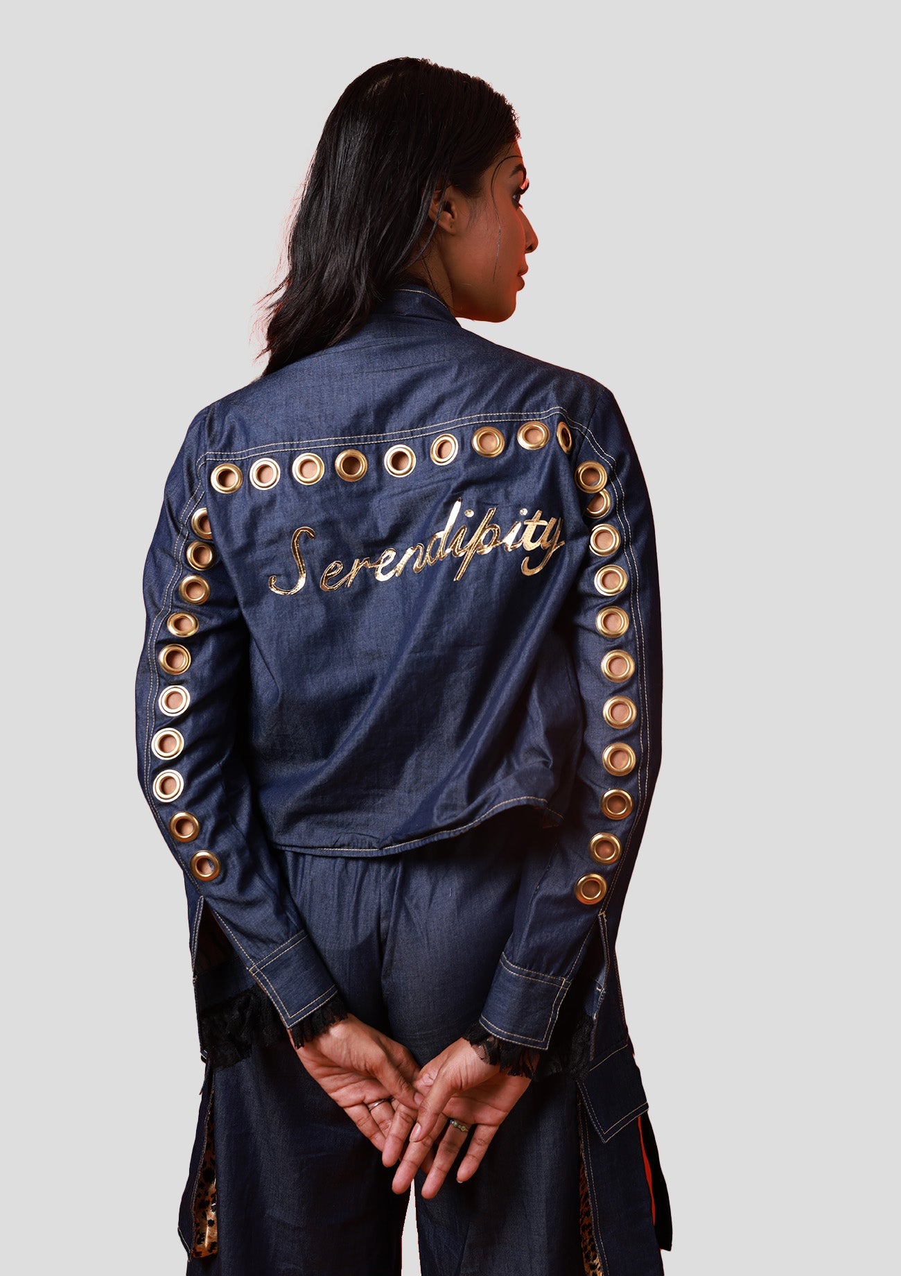 Denim Jacket With Eyelet Detailing And Wide Leg Cargo Pants With Eyelet Detailing