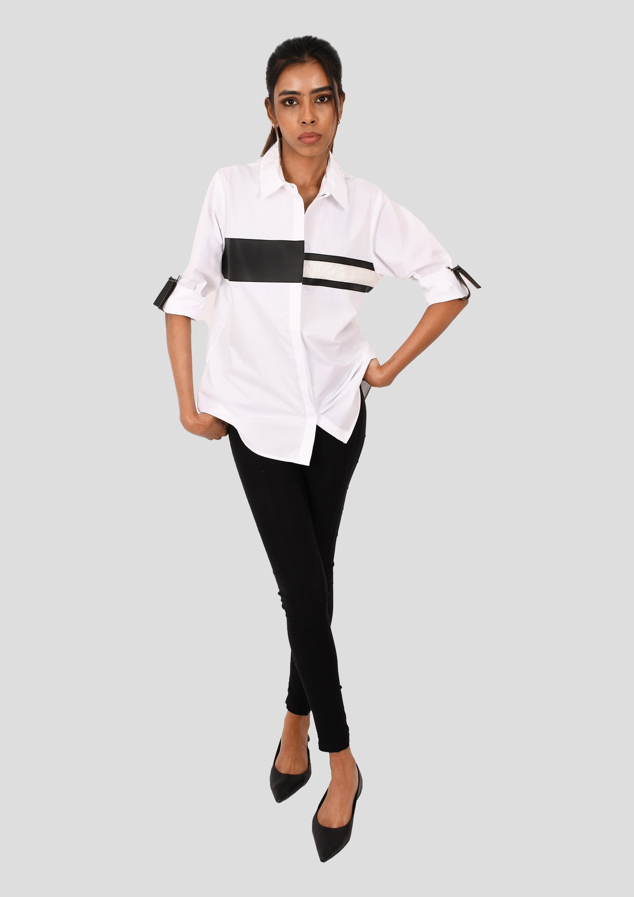 White Cotton Shirt With Faux Leather And Sequin Trims