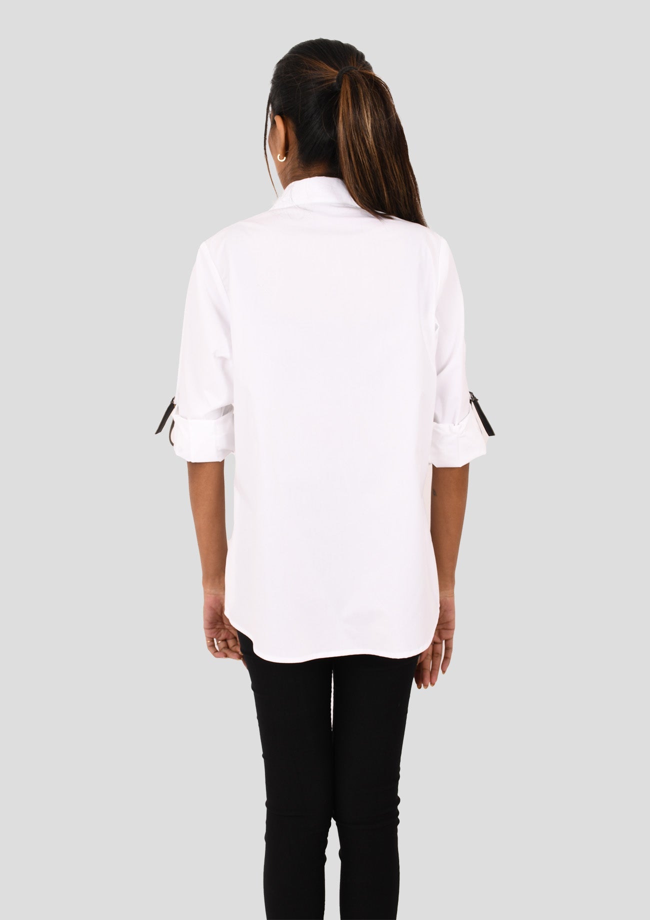 White Cotton Shirt With Faux Leather And Sequin Trims