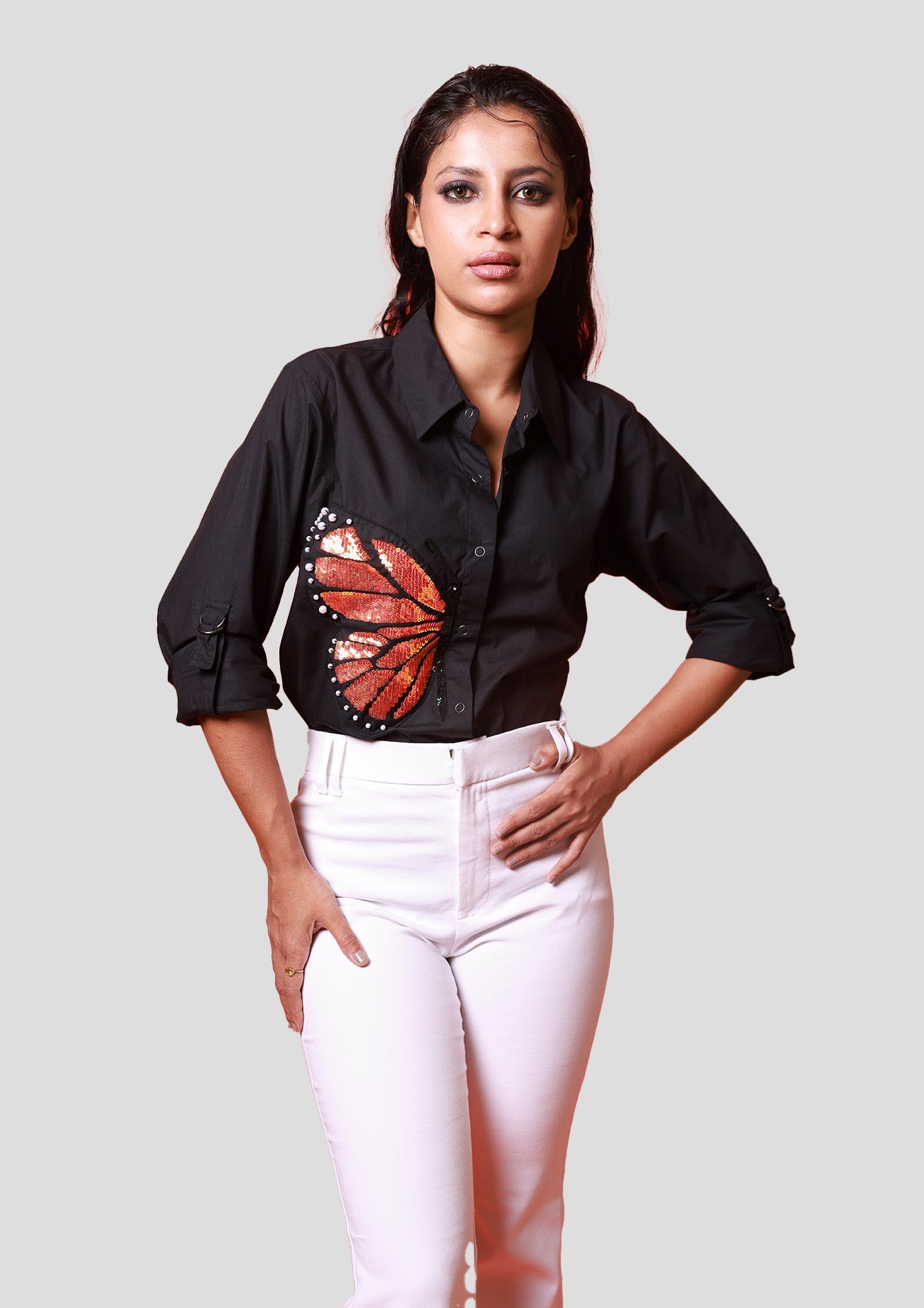 Black Cotton Shirt With Orange Sequins Butterfly Embroidery