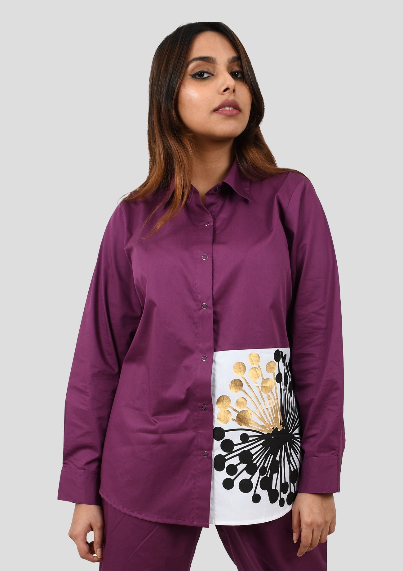 Purple Cotton Satin Shirt With Curated Black And Gold Foil Print