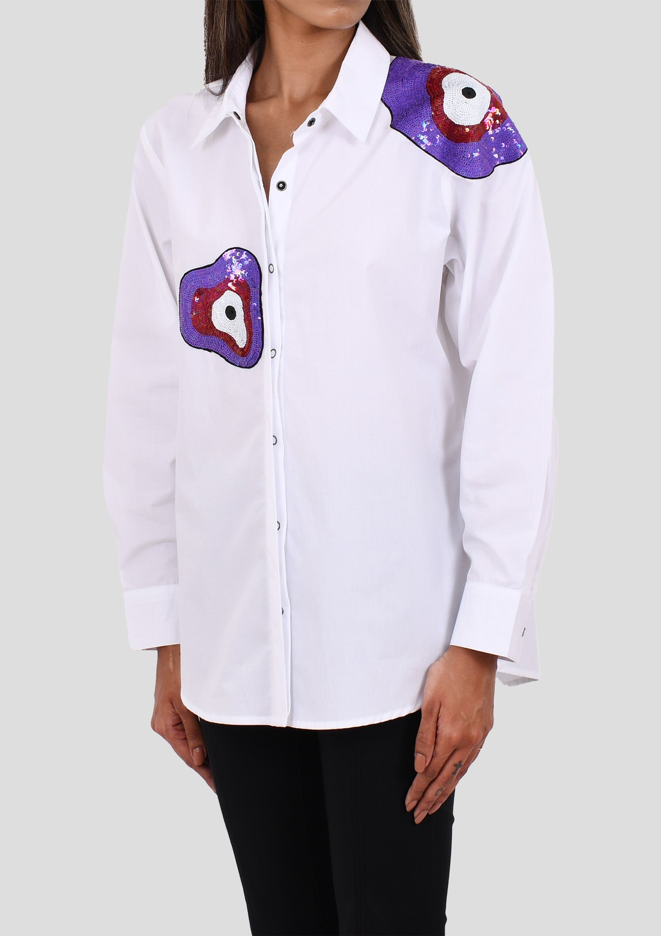 White Cotton Shirt With Abstract Sequin Embroidered Motifs