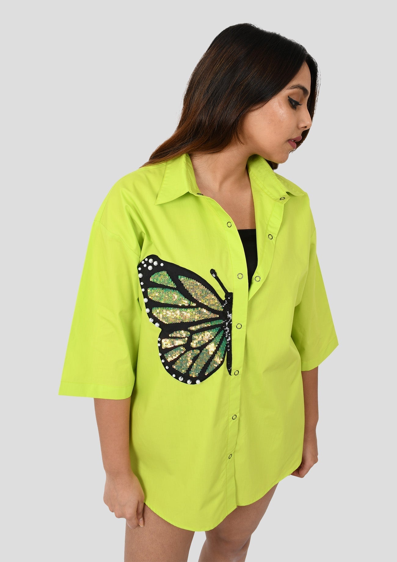 Neon Green Cotton Shirt With Green Sequins Butterfly Embroidery