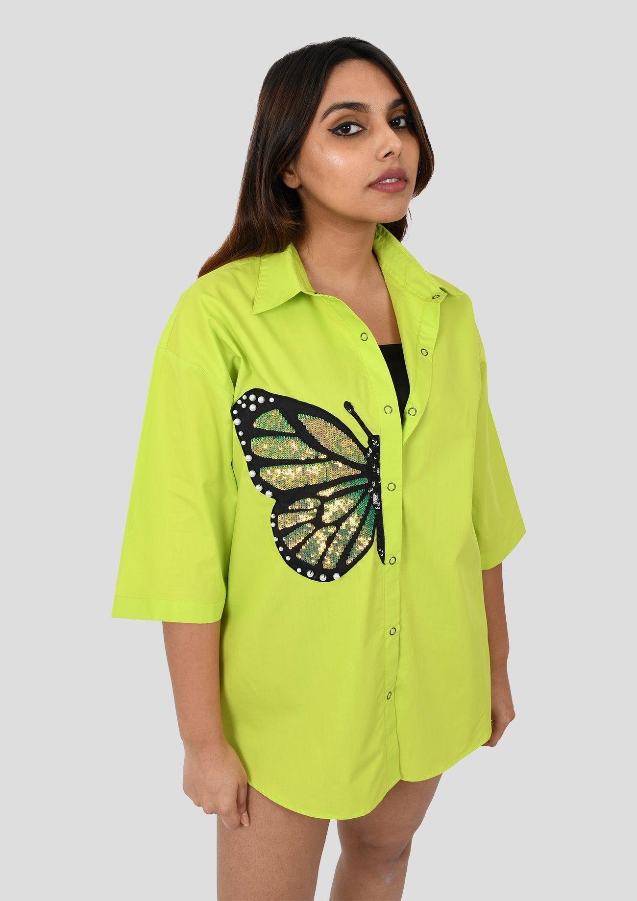 Neon Green Cotton Shirt With Green Sequins Butterfly Embroidery