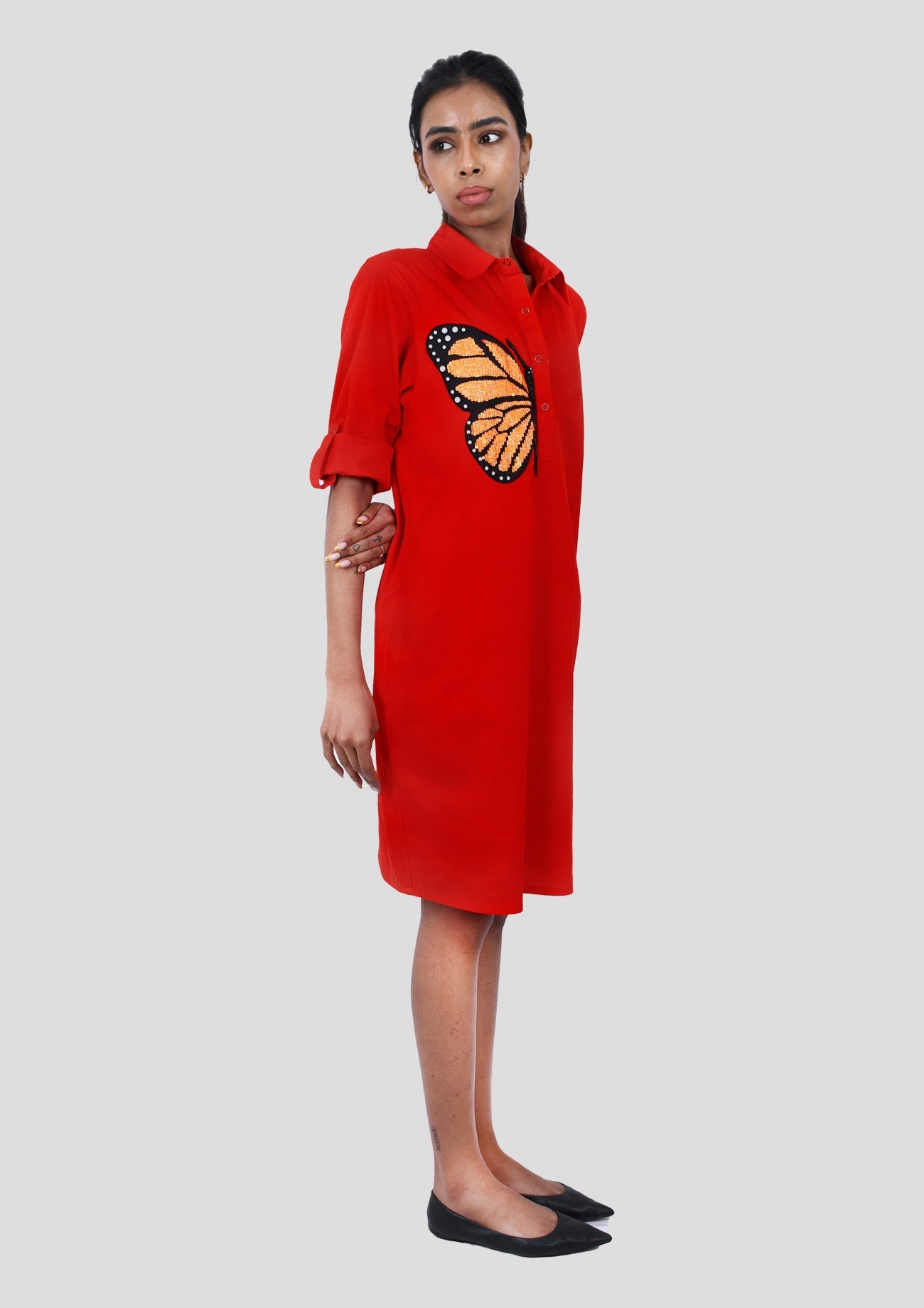 Red Cotton Dress With Orange Butterfly Embroidery
