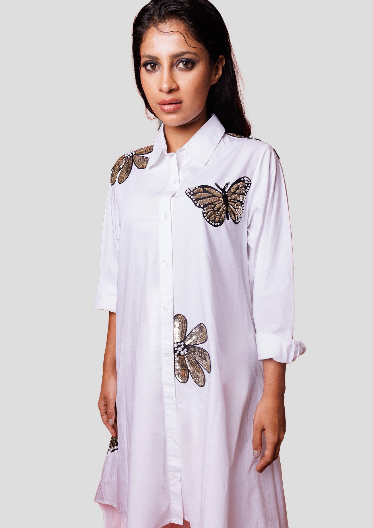 White High Low Cotton Tunic With Multiple Sequined Embroidered Butterfly & Flowers
