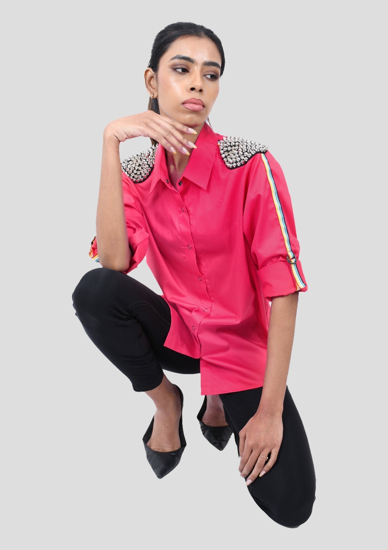 Dark Pink Cotton Shirt With Shoulder Spikes And Stripe Tape