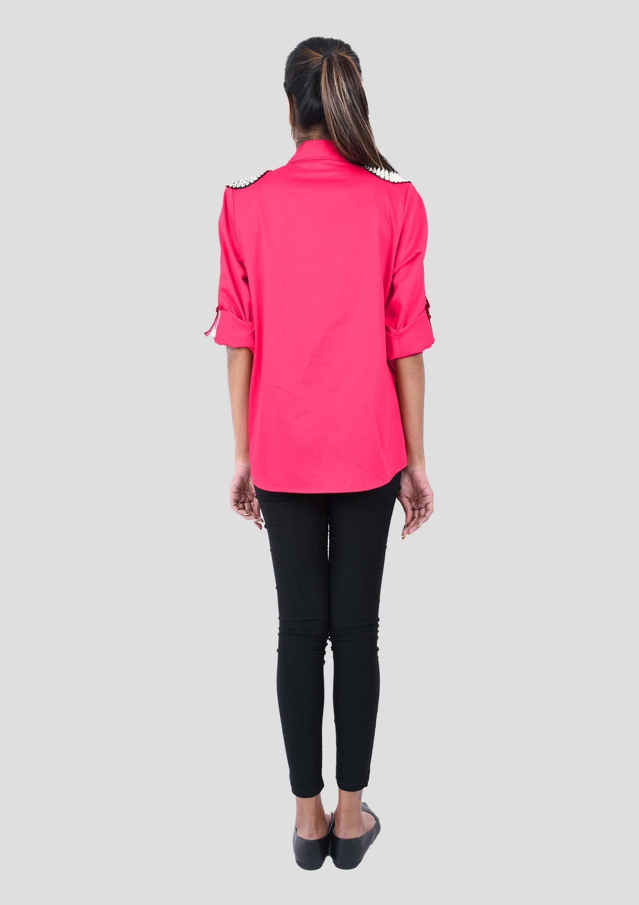 Dark Pink Cotton Shirt With Shoulder Spikes And Stripe Tape