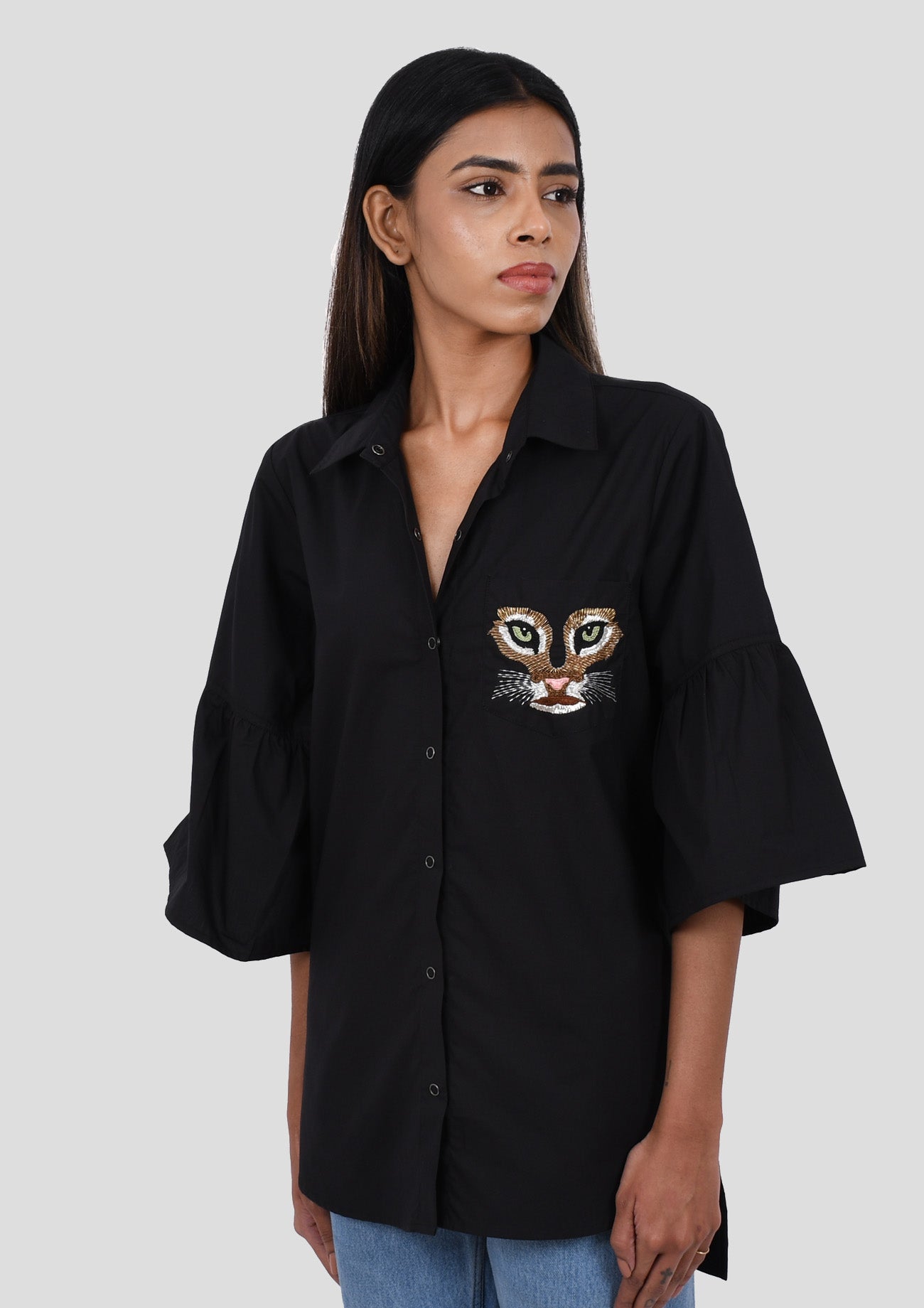 Black Cotton Shirt With Embroidered Pocket