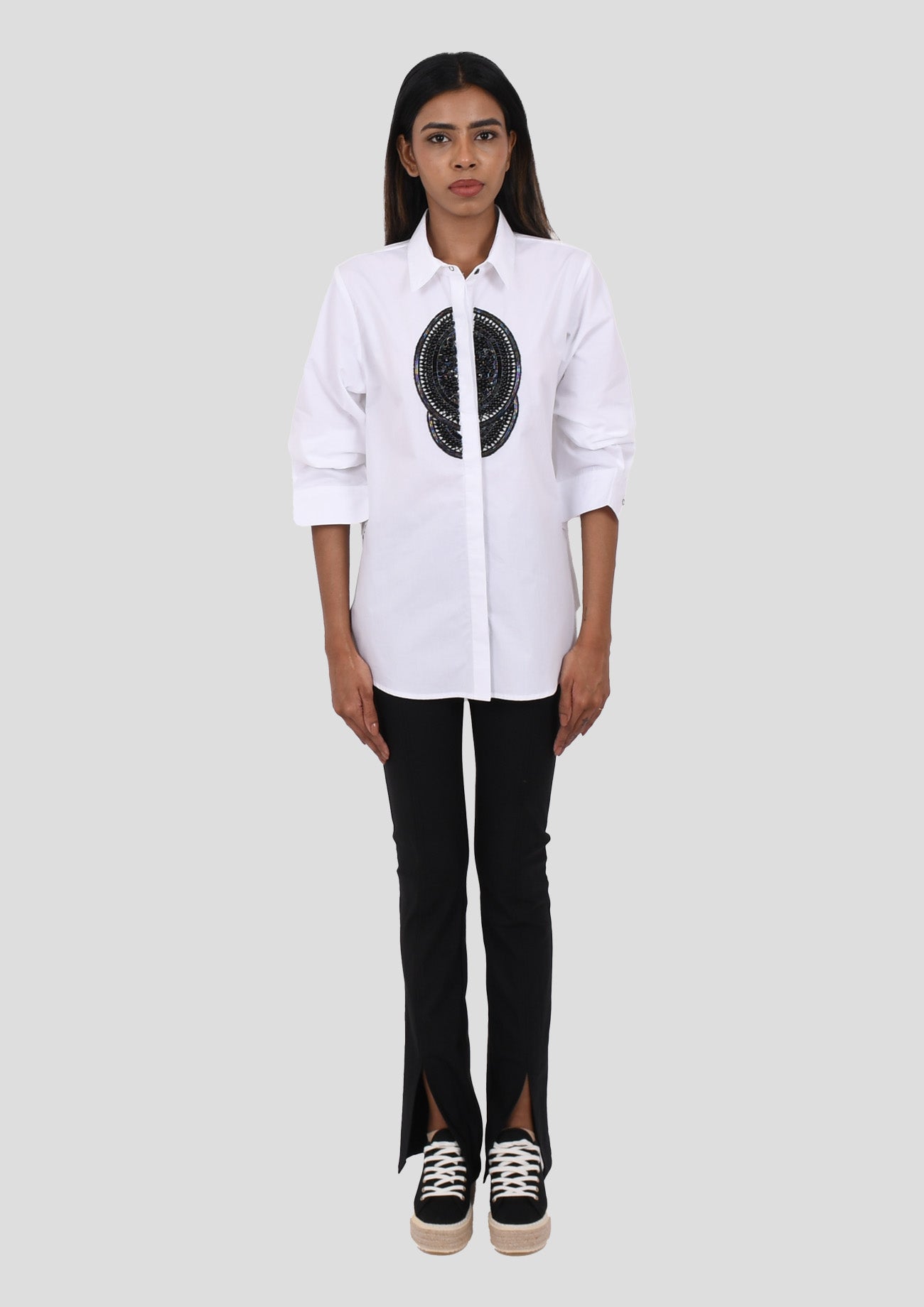 White Cotton Shirt With Black Embroidery