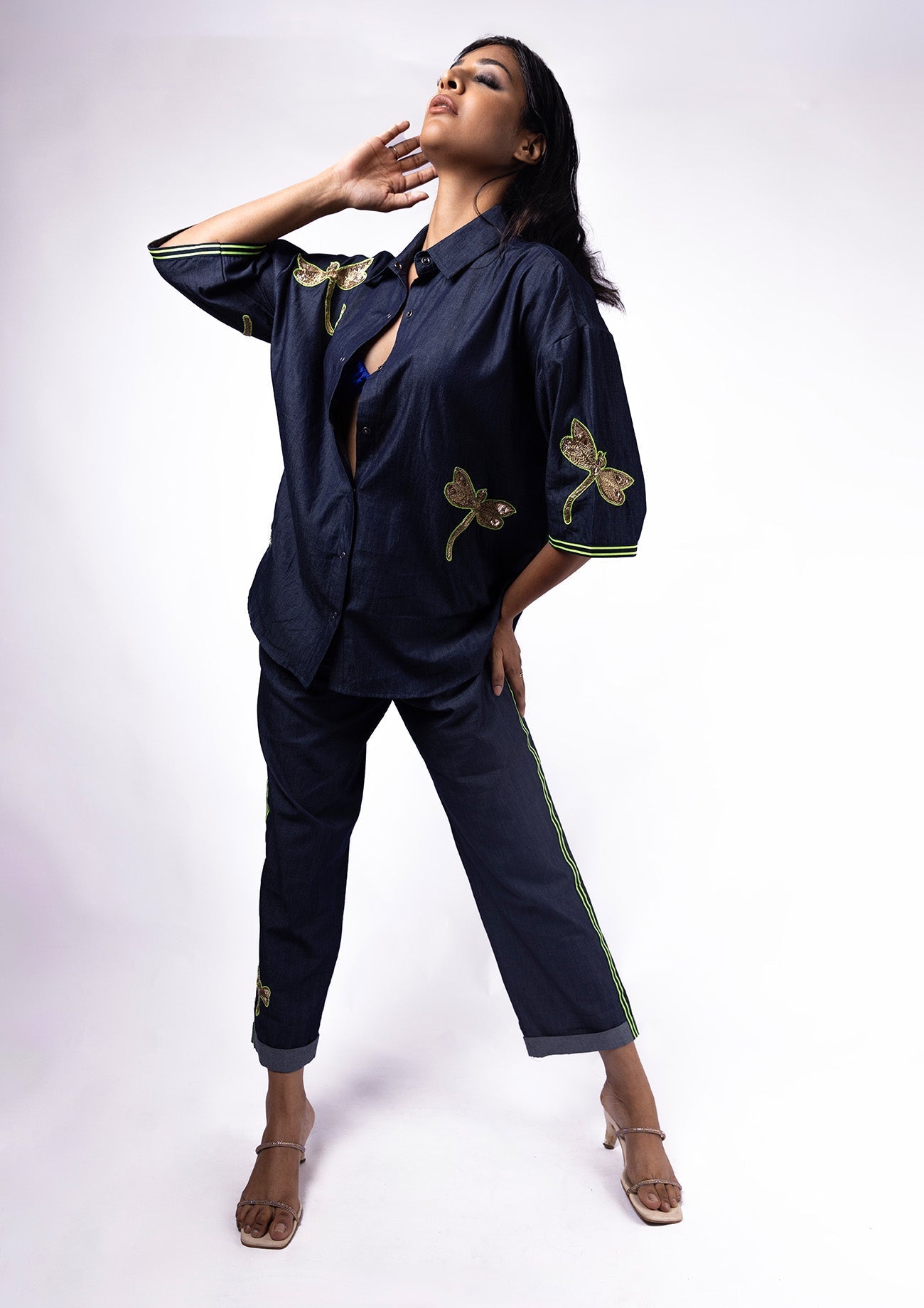 Denim Oversized Shirt With Multiple Embroidered Dragonflies