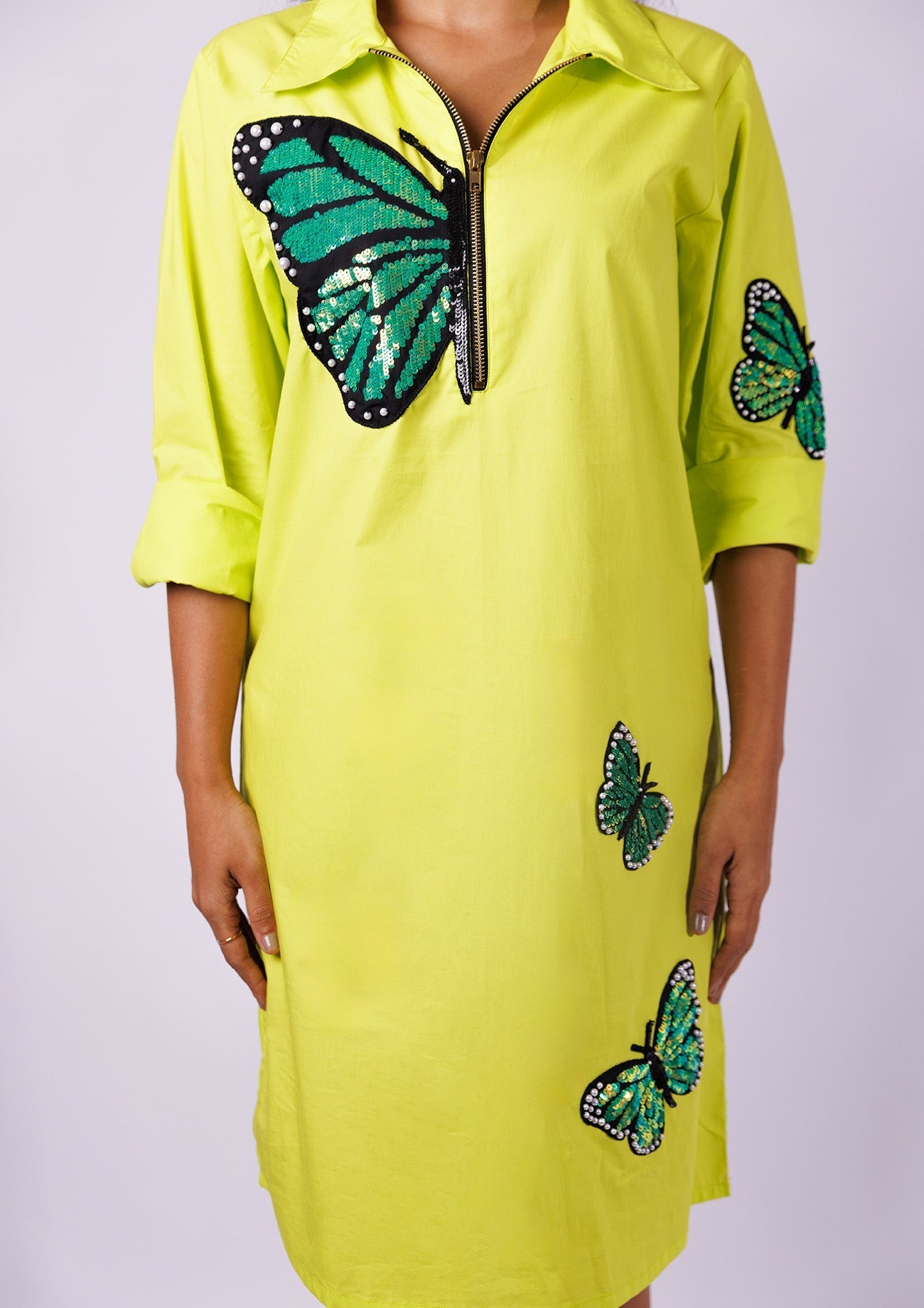 Neon Green Cotton Dress With Multiple Sequined Embroidered Butterflies