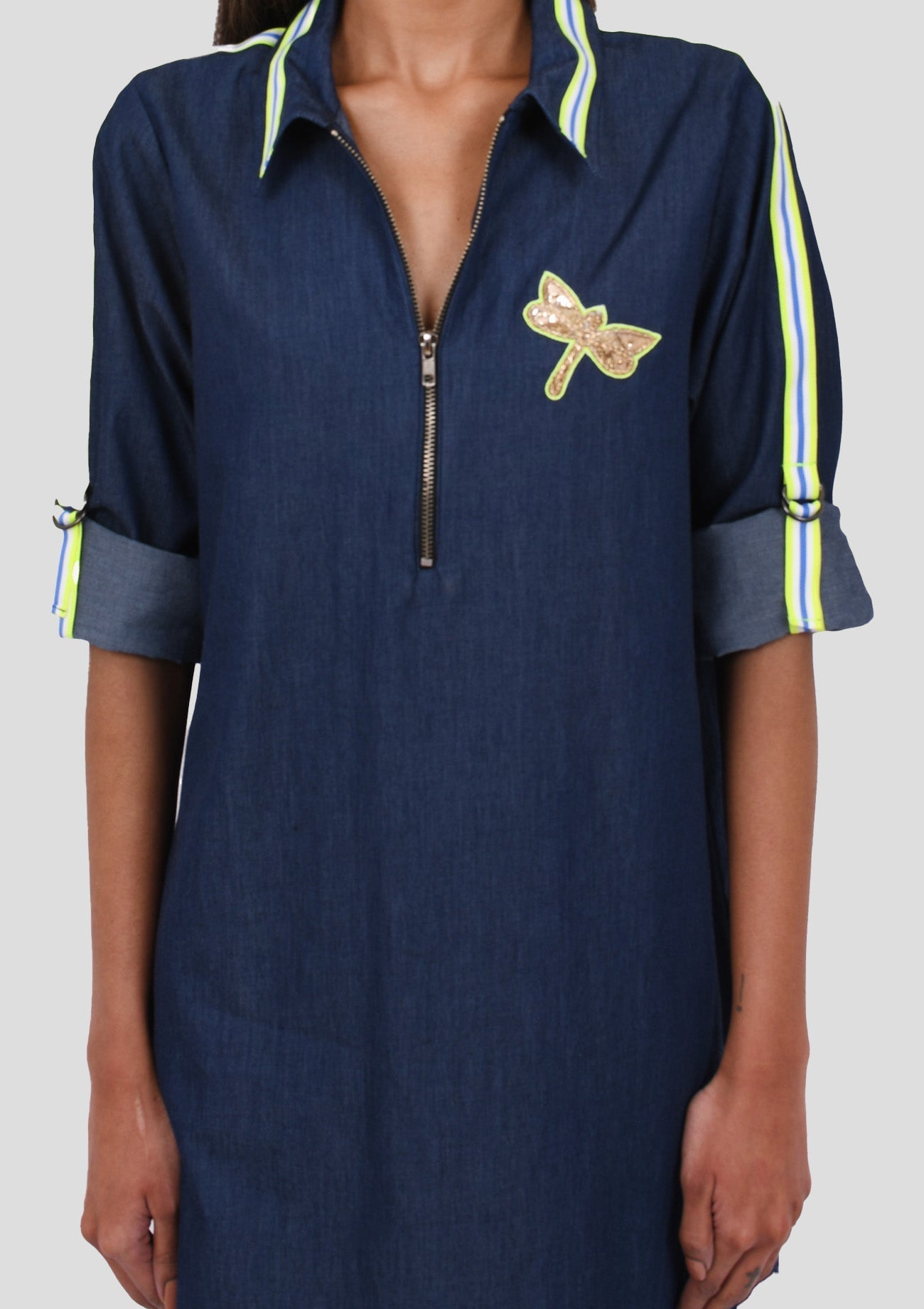 Denim Dress With Embroidered Dragonfly With Stripe Tape