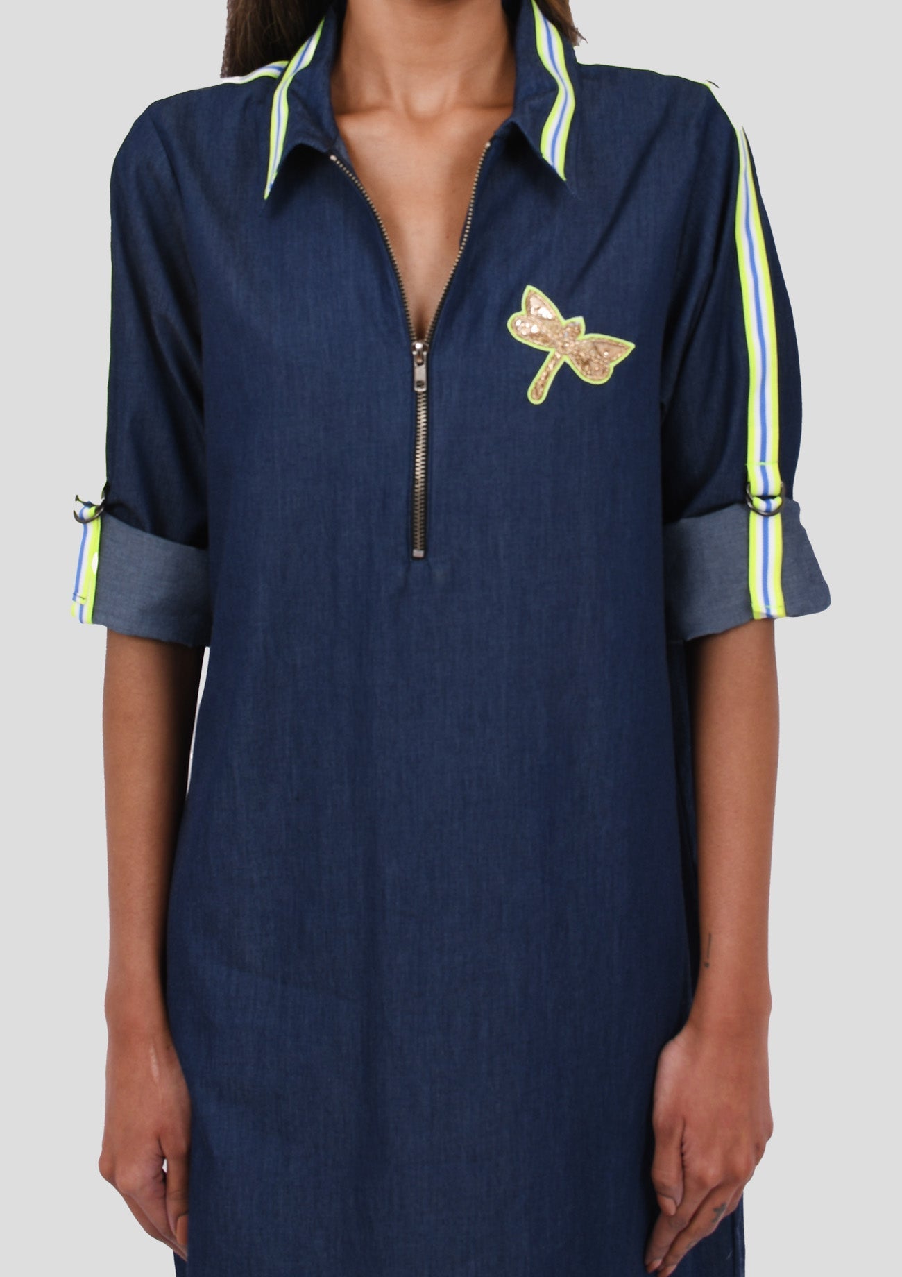 Denim Dress With Embroidered Dragonfly With Stripe Tape