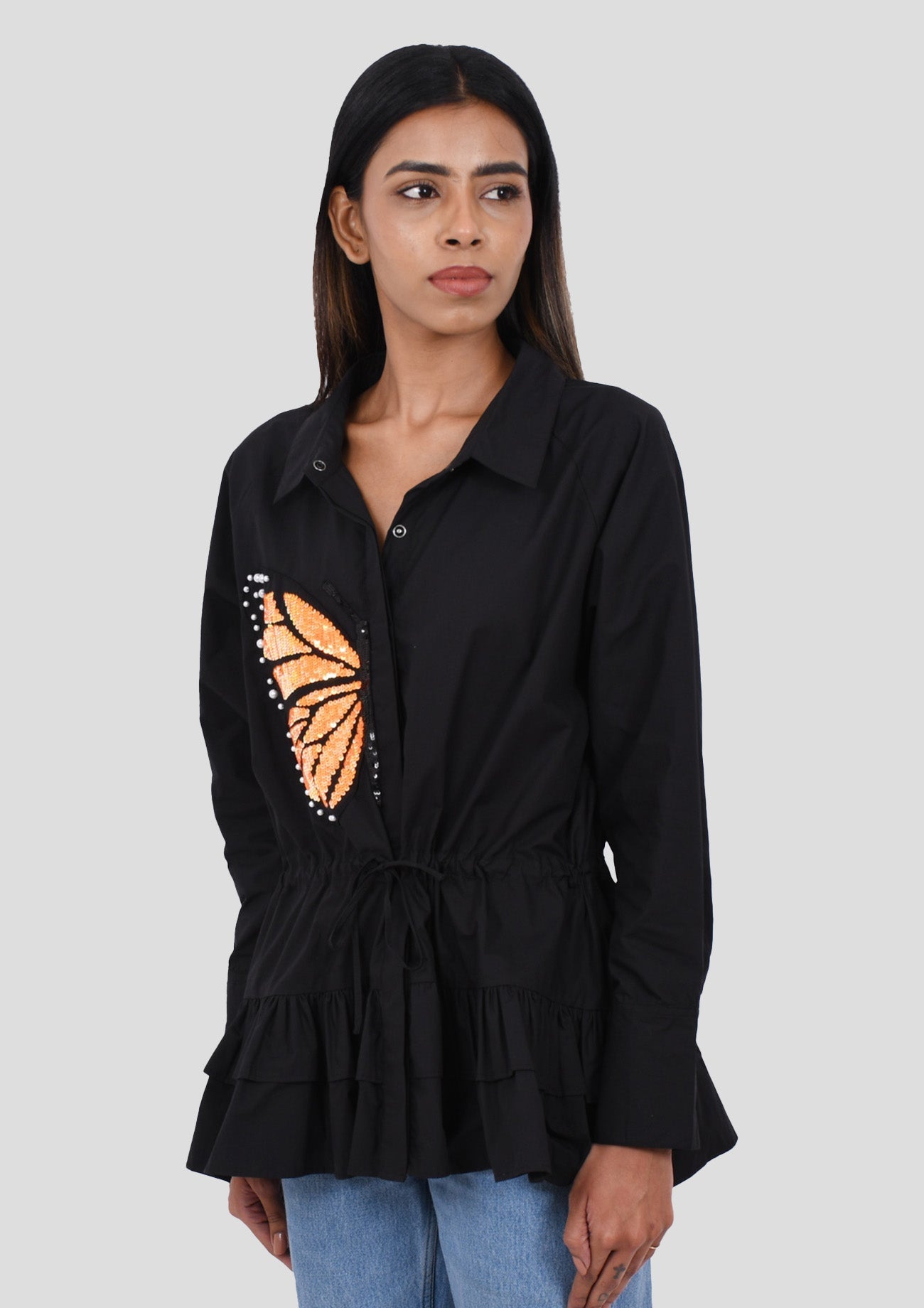Black Cotton Shirt With Gathers Orange Sequin Butterfly Embroidery