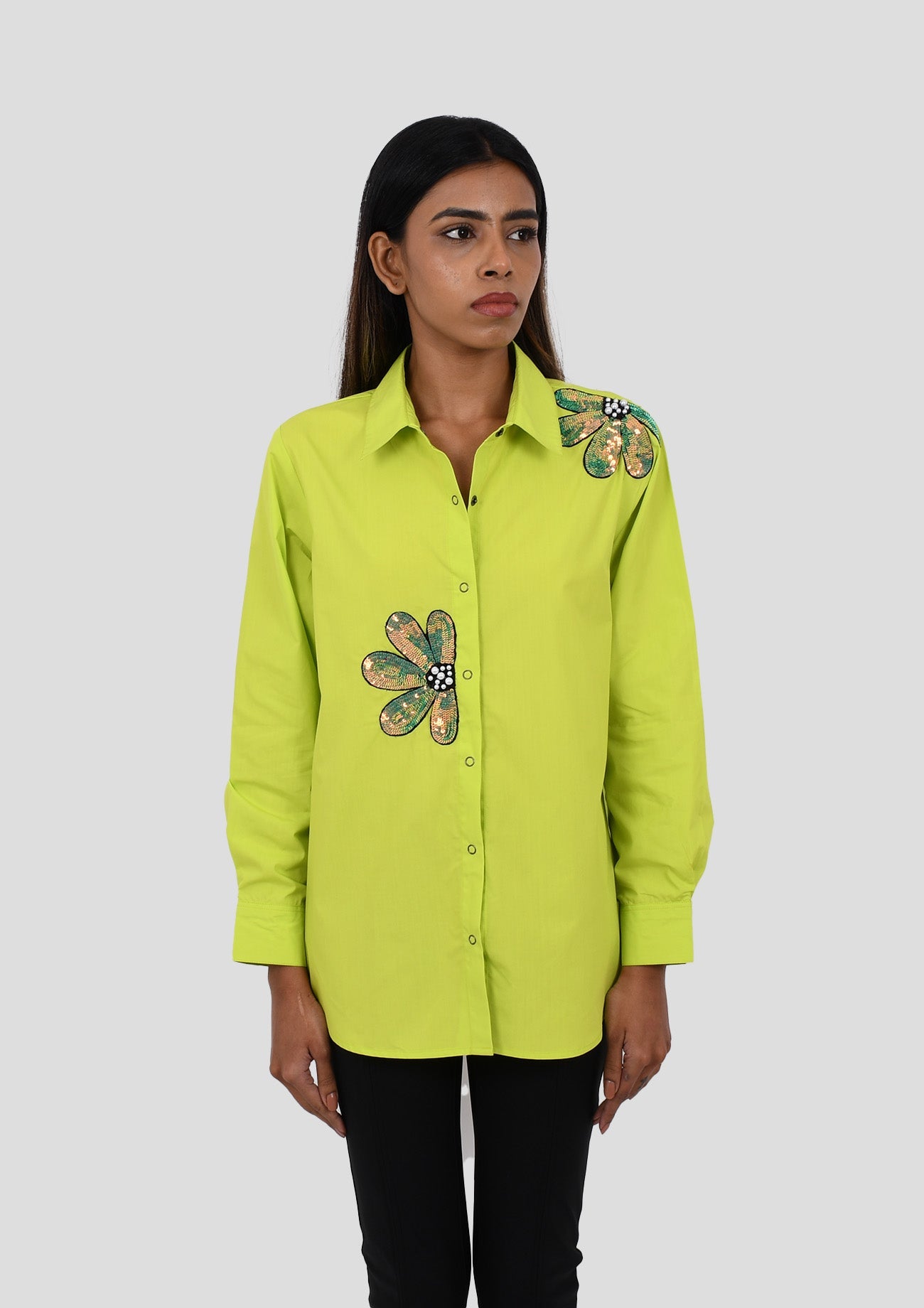 Green Cotton Shirt With Sequined Embroidery Flowers