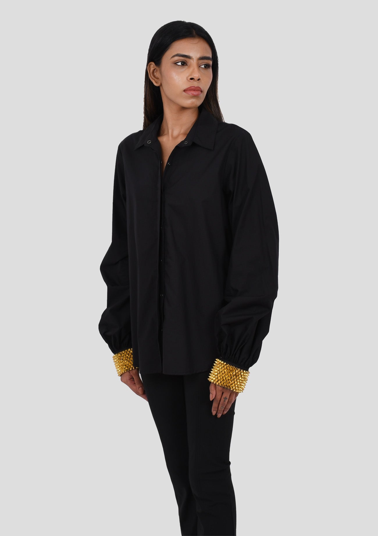 Black Cotton Shirt With Gold Spikes Embroidered On Cuff
