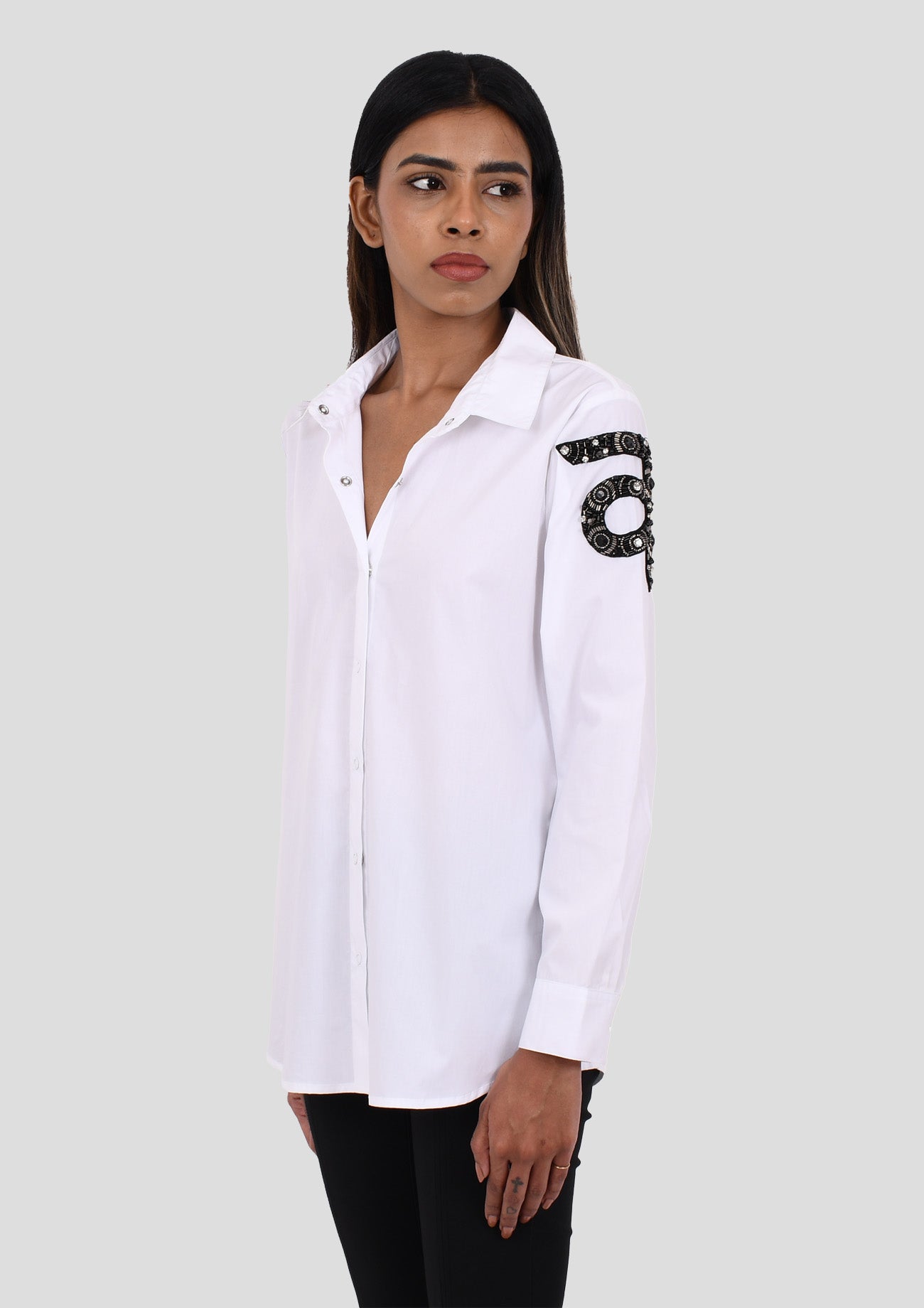 White Cotton Shirt With Hindi Personalised Initial Embroidery