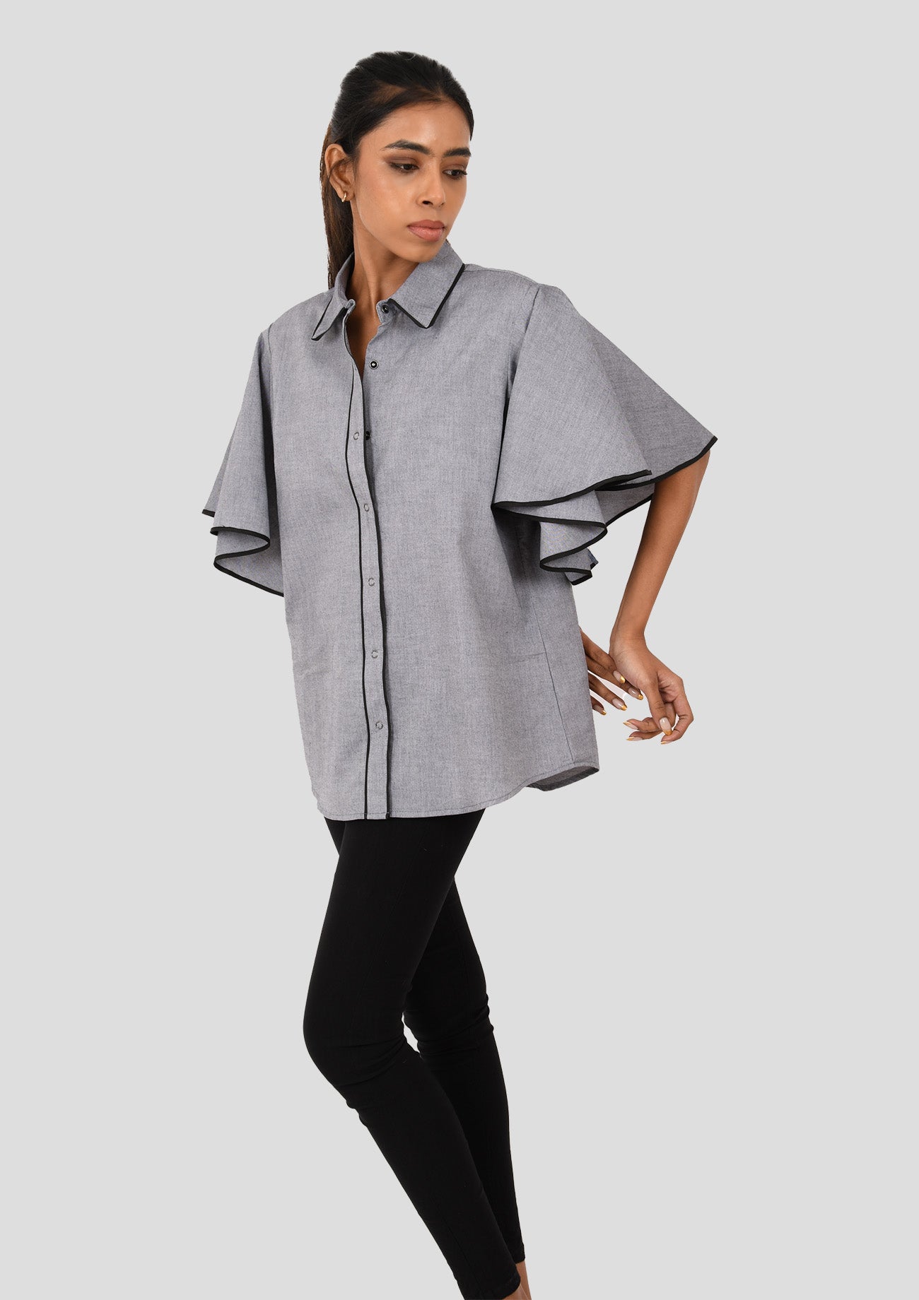 Grey Melange Shirt With Flare Sleeves With Embroidery "Faith" On Back