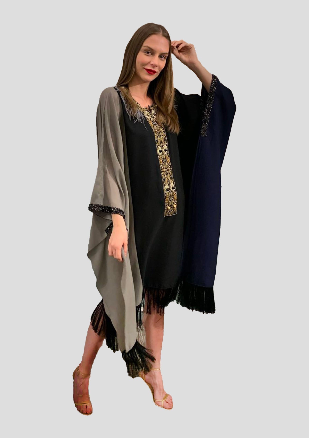Grey/Black/Navy Crepe Kaftan With Embroidered Placket And Fringes