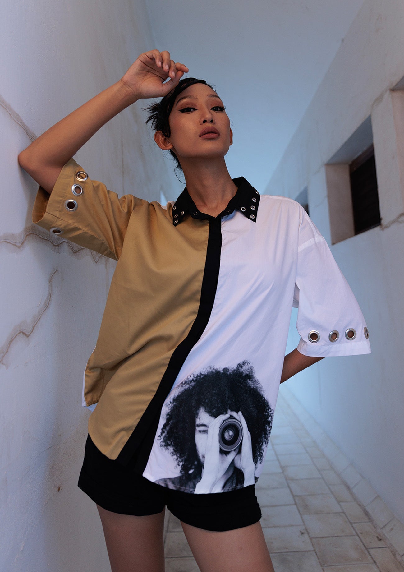 Beige/White Oversized Cotton Shirt with Curated Black& White Print, Eyelets On Sleeves And White Back