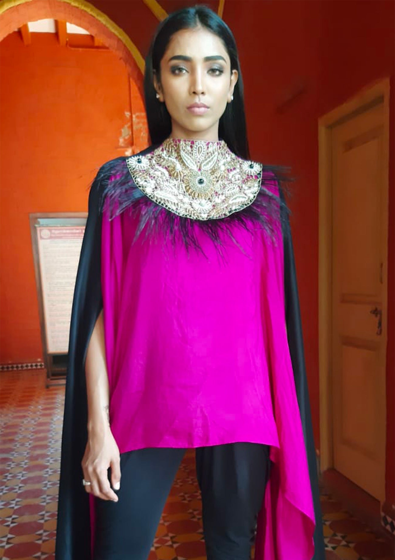 Magenta And Black Cape With Embroidered Yoke & Feather Trim