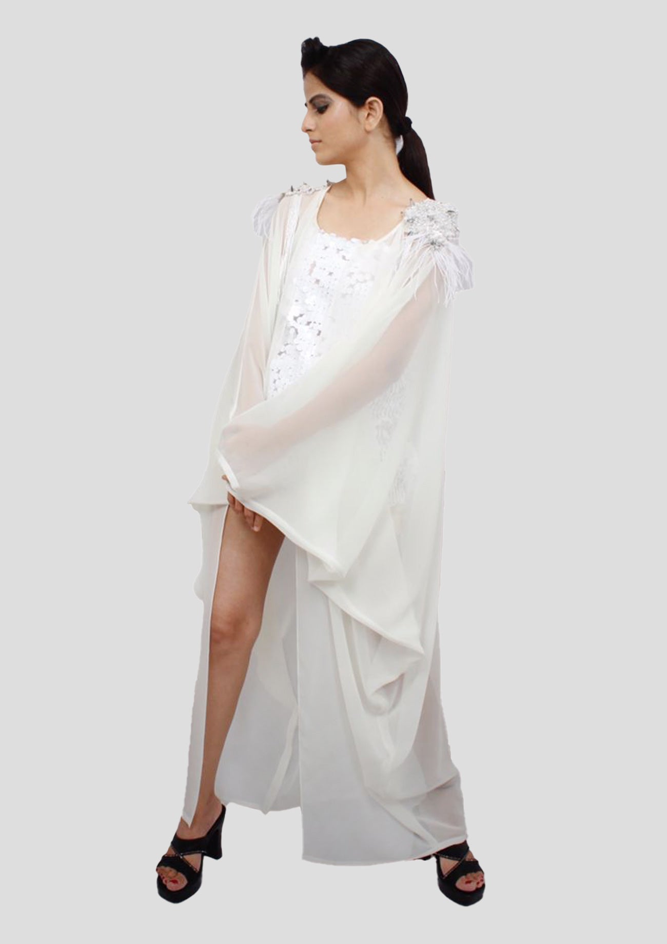 White Sequined Inner With Georgette Draped Long Jacket With Embroidered Shoulder Details