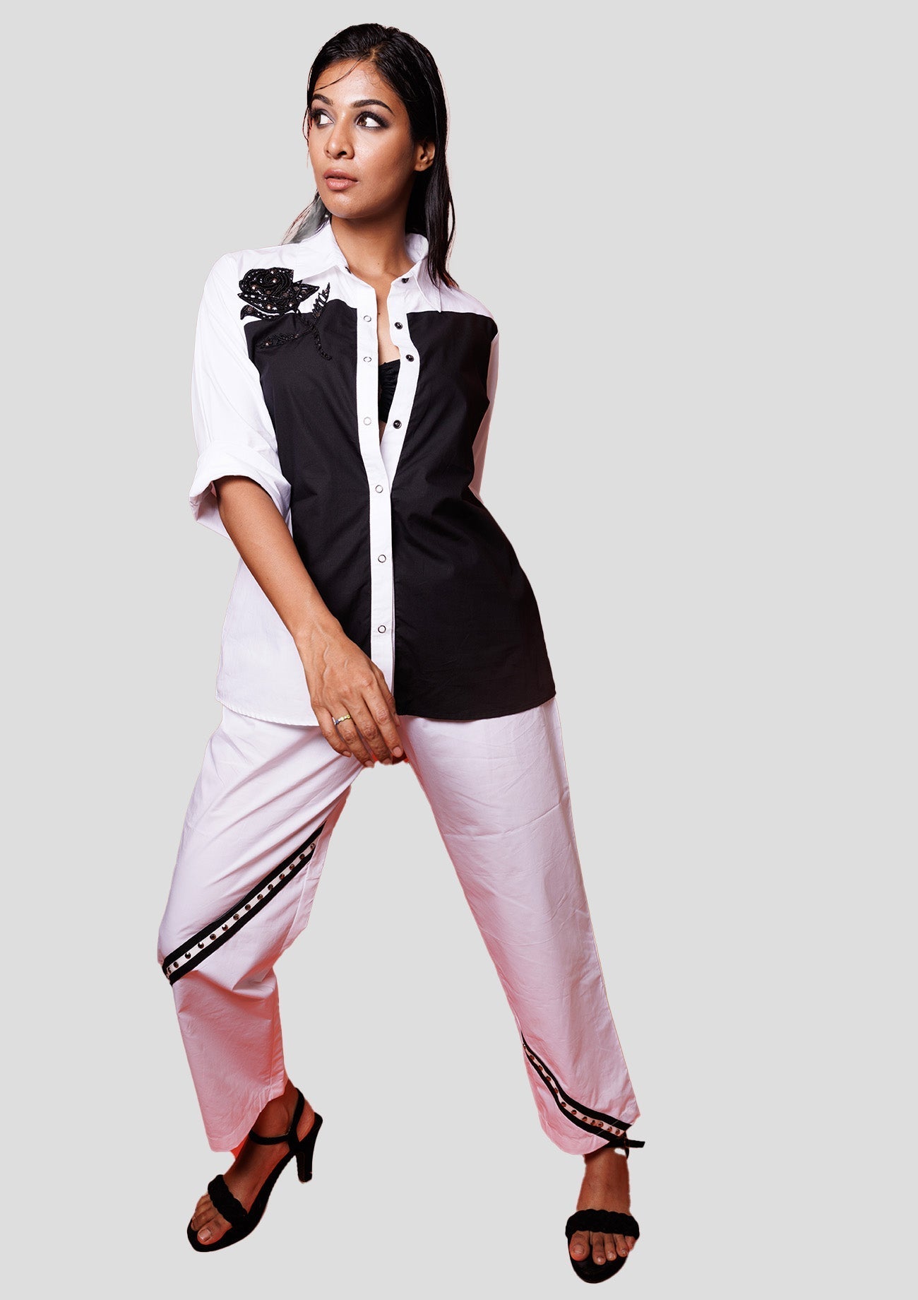 Black & White Cotton Shirt With Cutwork Rose Embroidery, With White Straightcotton Pants With Embellished Tape