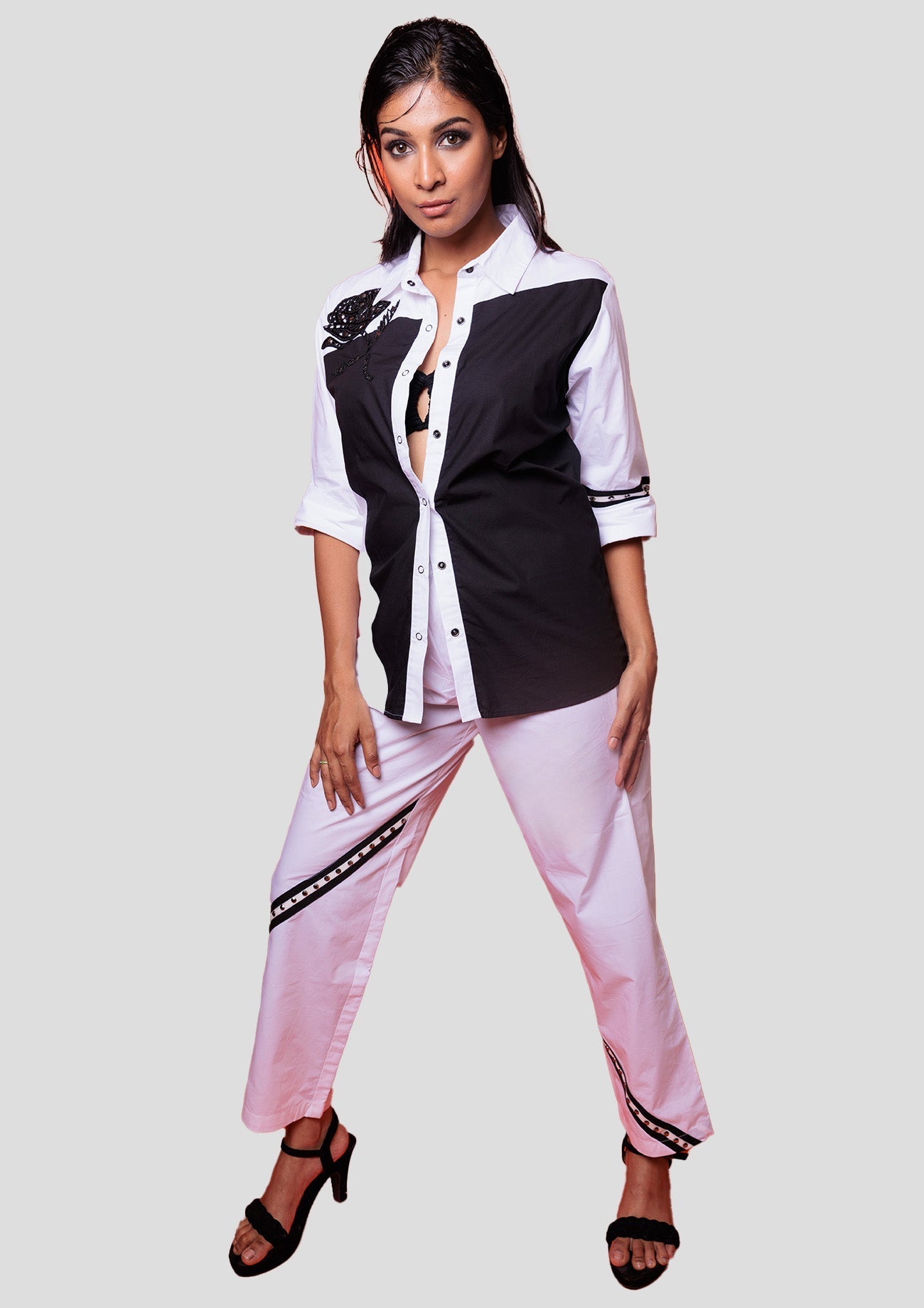 Black & White Cotton Shirt With Cutwork Rose Embroidery, With White Straightcotton Pants With Embellished Tape