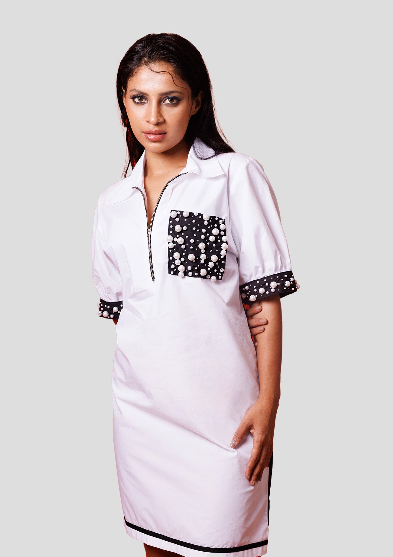 Black/White Cotton Dress With Black Pocket With Pearl Embroidery