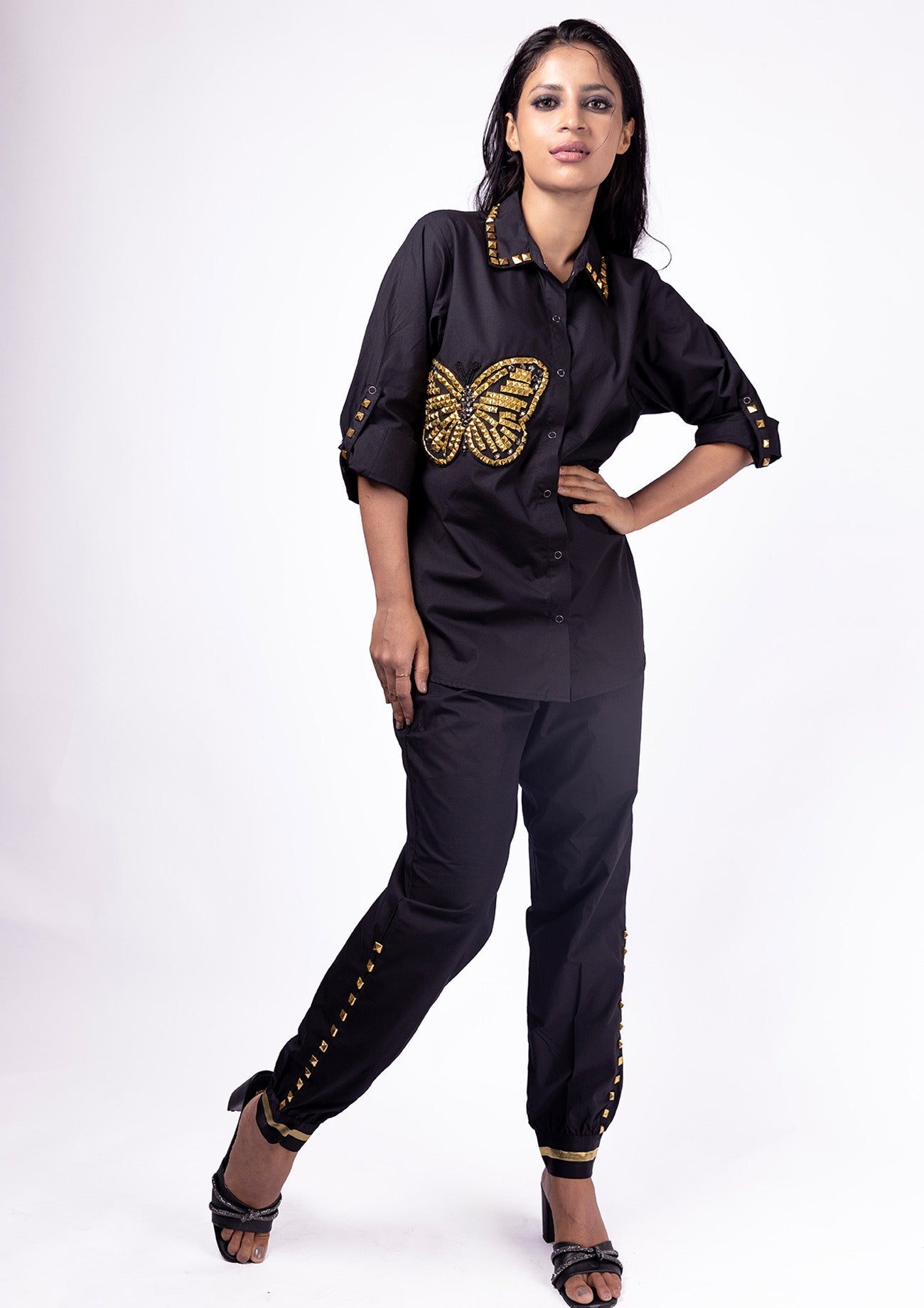 Black Cotton Shirt With Studded Butterfly And Stud Work