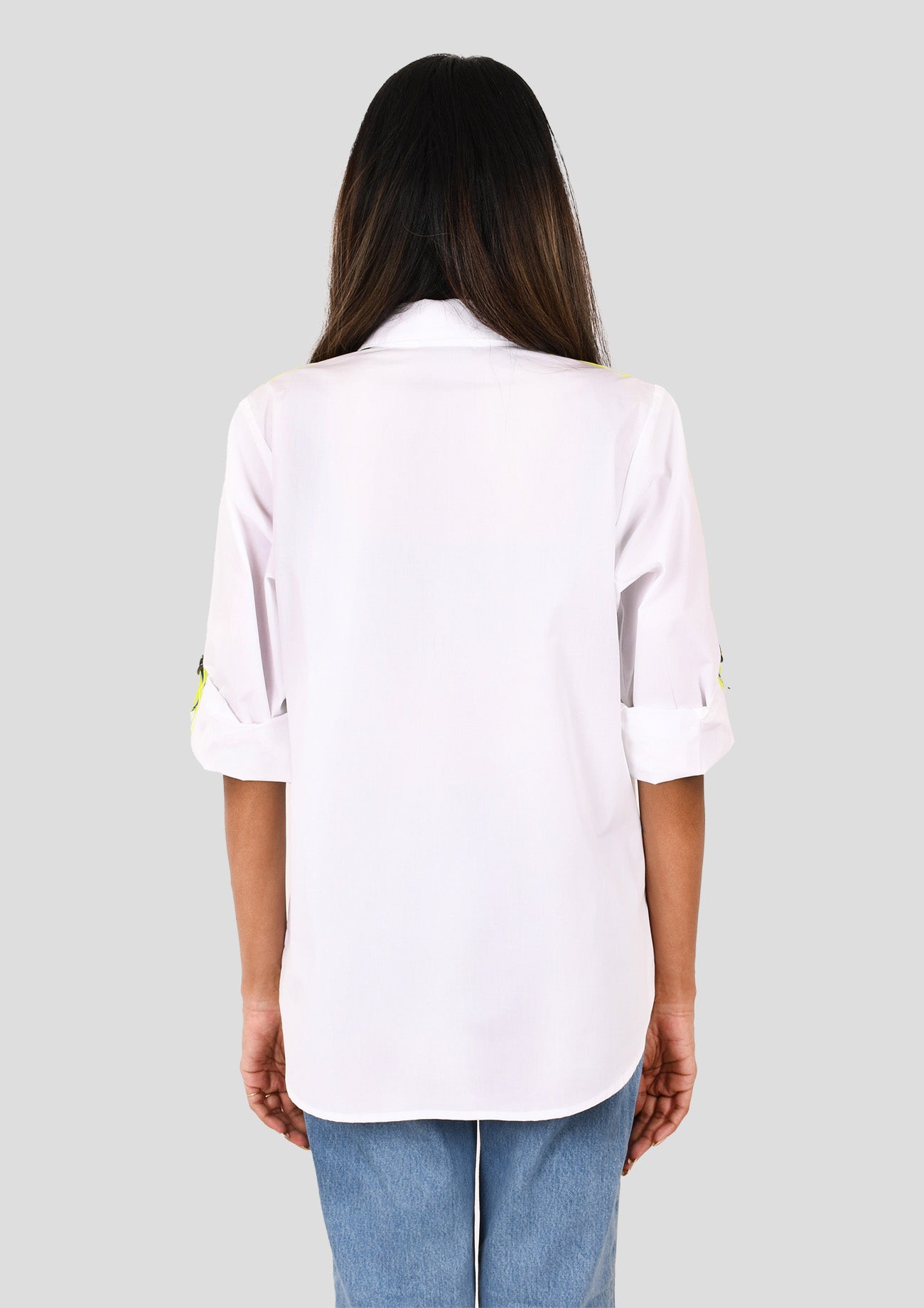 White Cotton Shirt With Slogan Embroidery With Stripe Tape