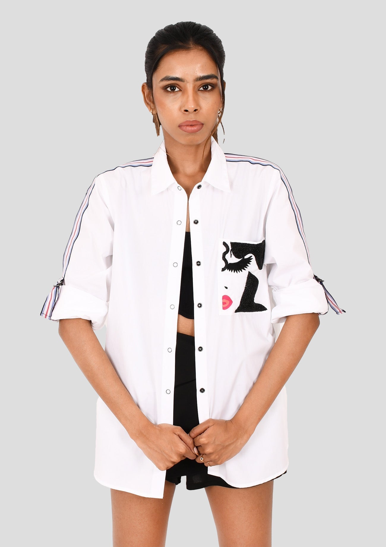 White Cotton Shirt With Embroidered Pocket And Stripe Tape
