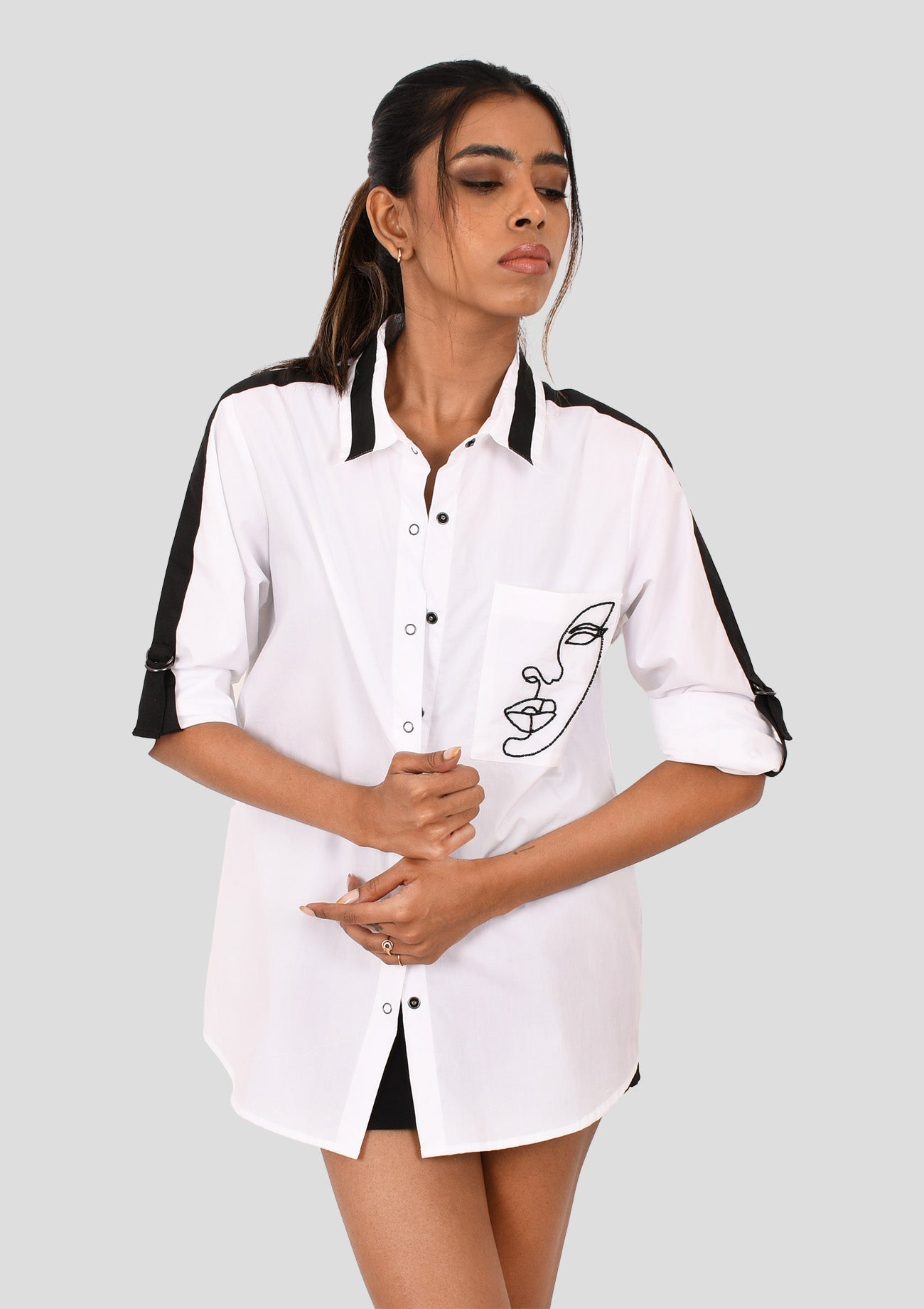 White Cotton Shirt With Embroidered Pocket And Black Tape