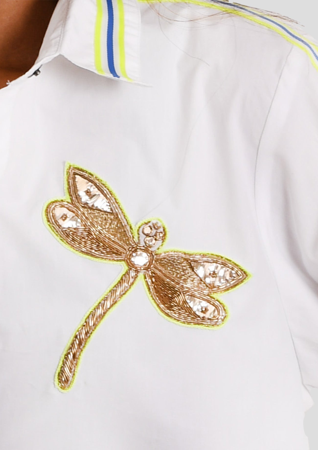 White Cotton Shirt With Dragonfly Embroidery With Stripe Tape